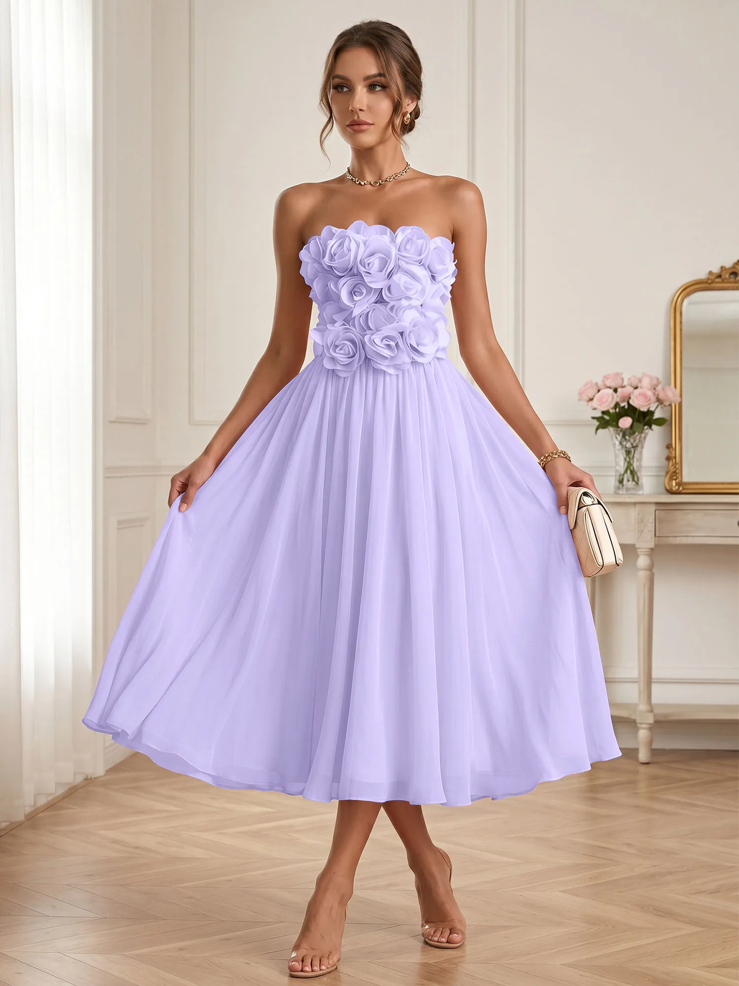Strapless 3D Floral Chiffon A-Line Midi Formal Dress