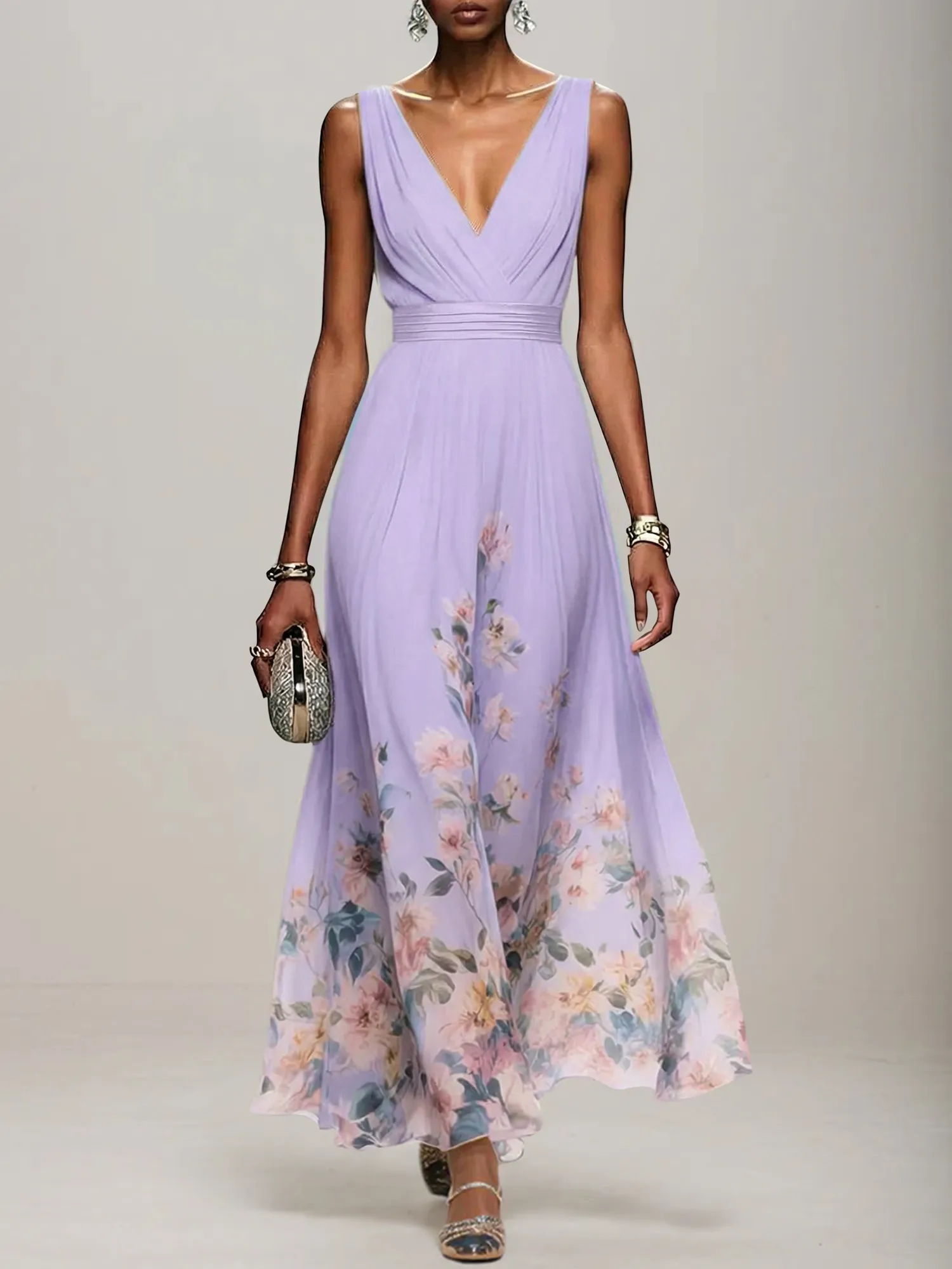 V-Neck Floral Print Chiffon Maxi Evening Dress with Satin Waist Bow