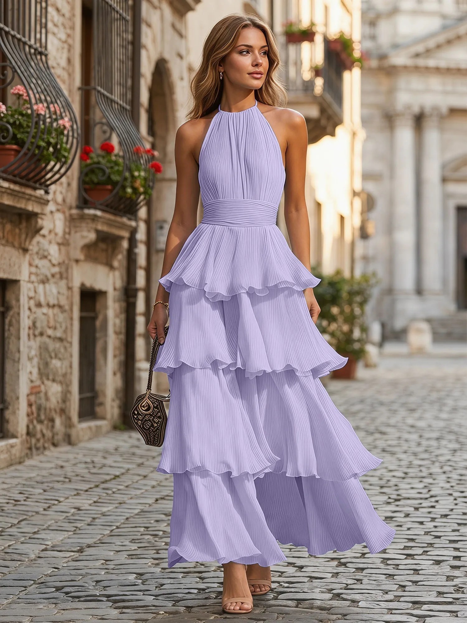 A Line Halter Neck Tiered Ruffle Chiffon Evening Dress