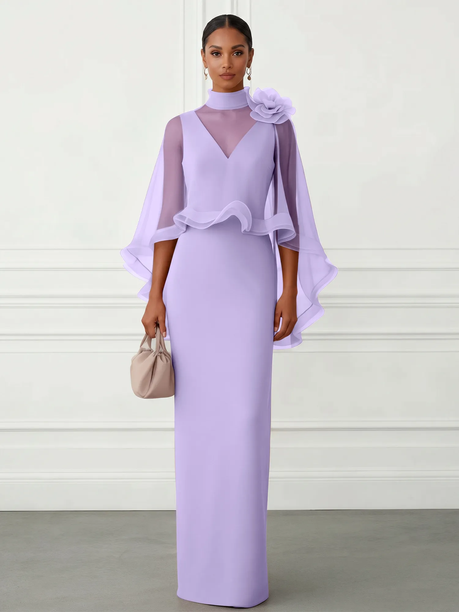 High-Neck Chiffon Cape Sleeve Sheath Evening Gown