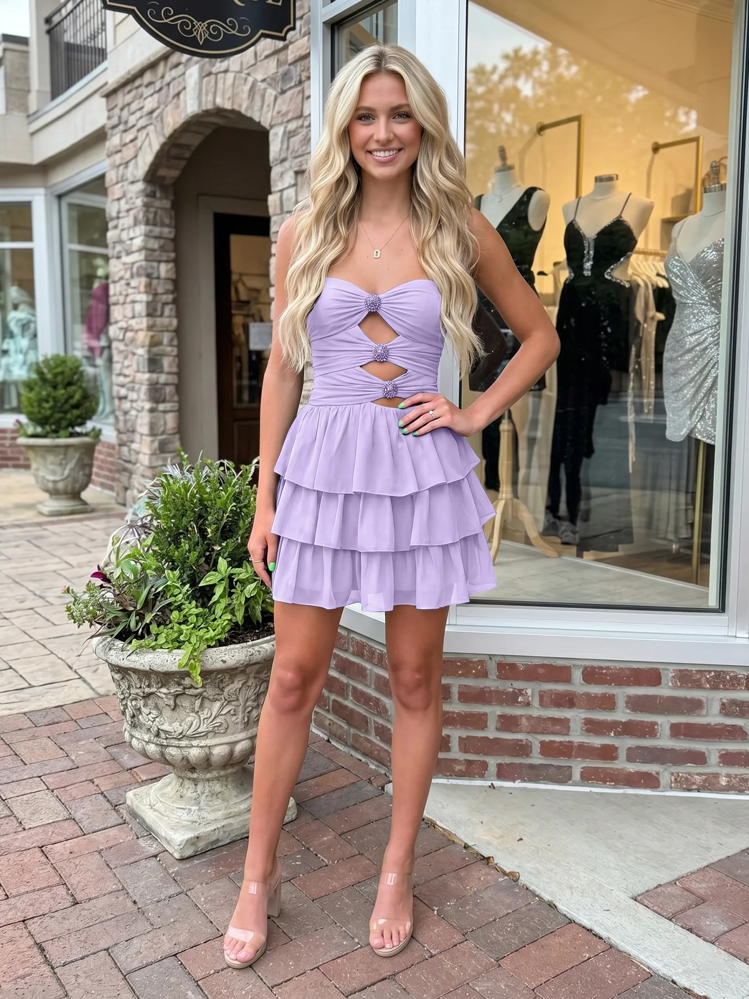 Strapless Cutout Tiered Ruffle Chiffon Homecoming Dress