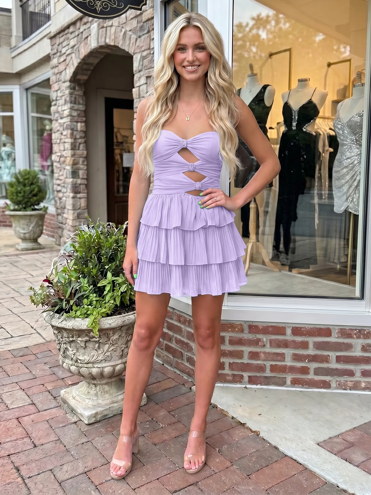 A Line Strapless Cutout Tiered Chiffon Homecoming Dress