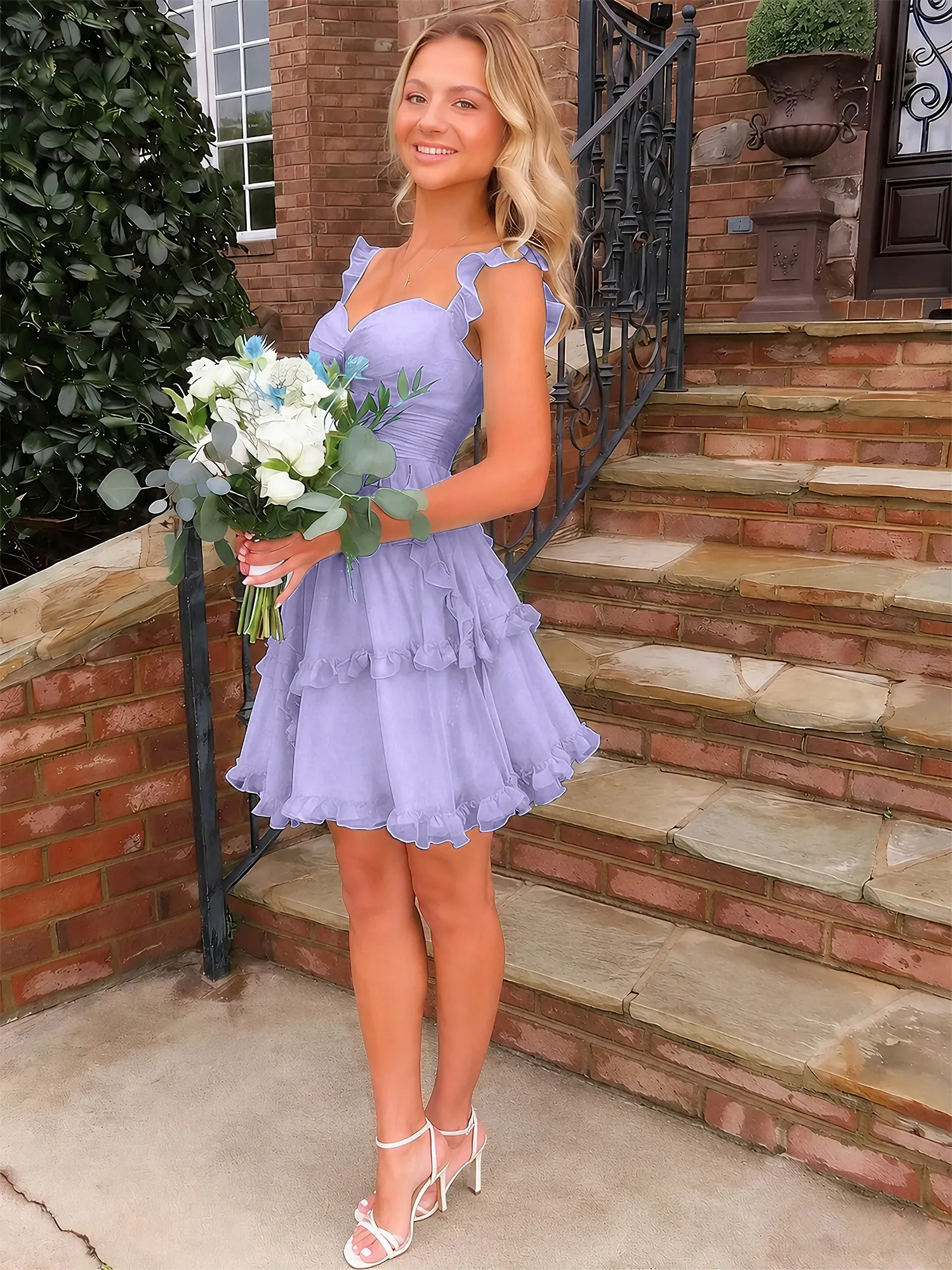 A Line Ruffled Tiered Chiffon Homecoming Dress with Lace-Up Back