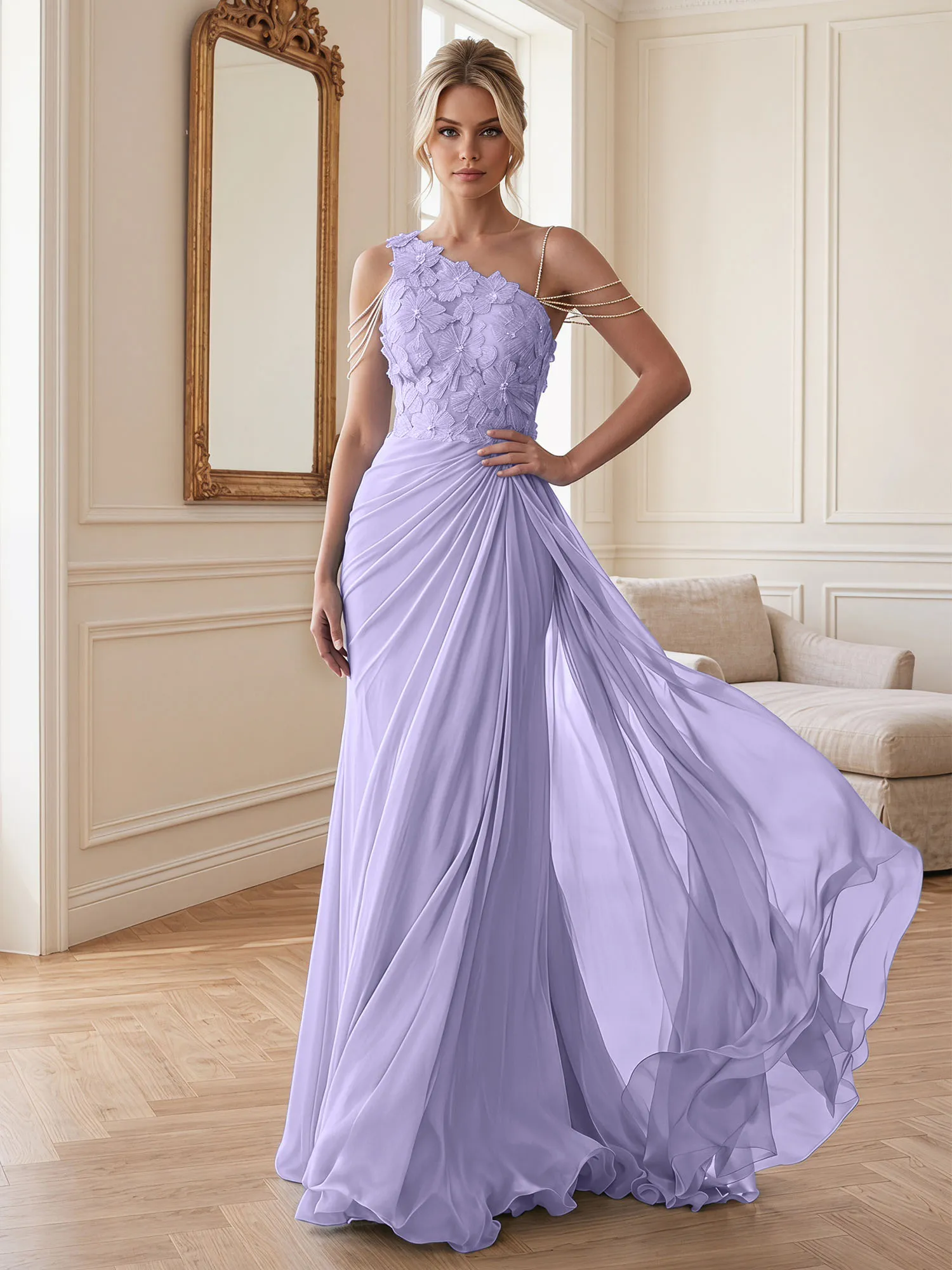 One-Shoulder Floral Lace Chiffon Evening Gown