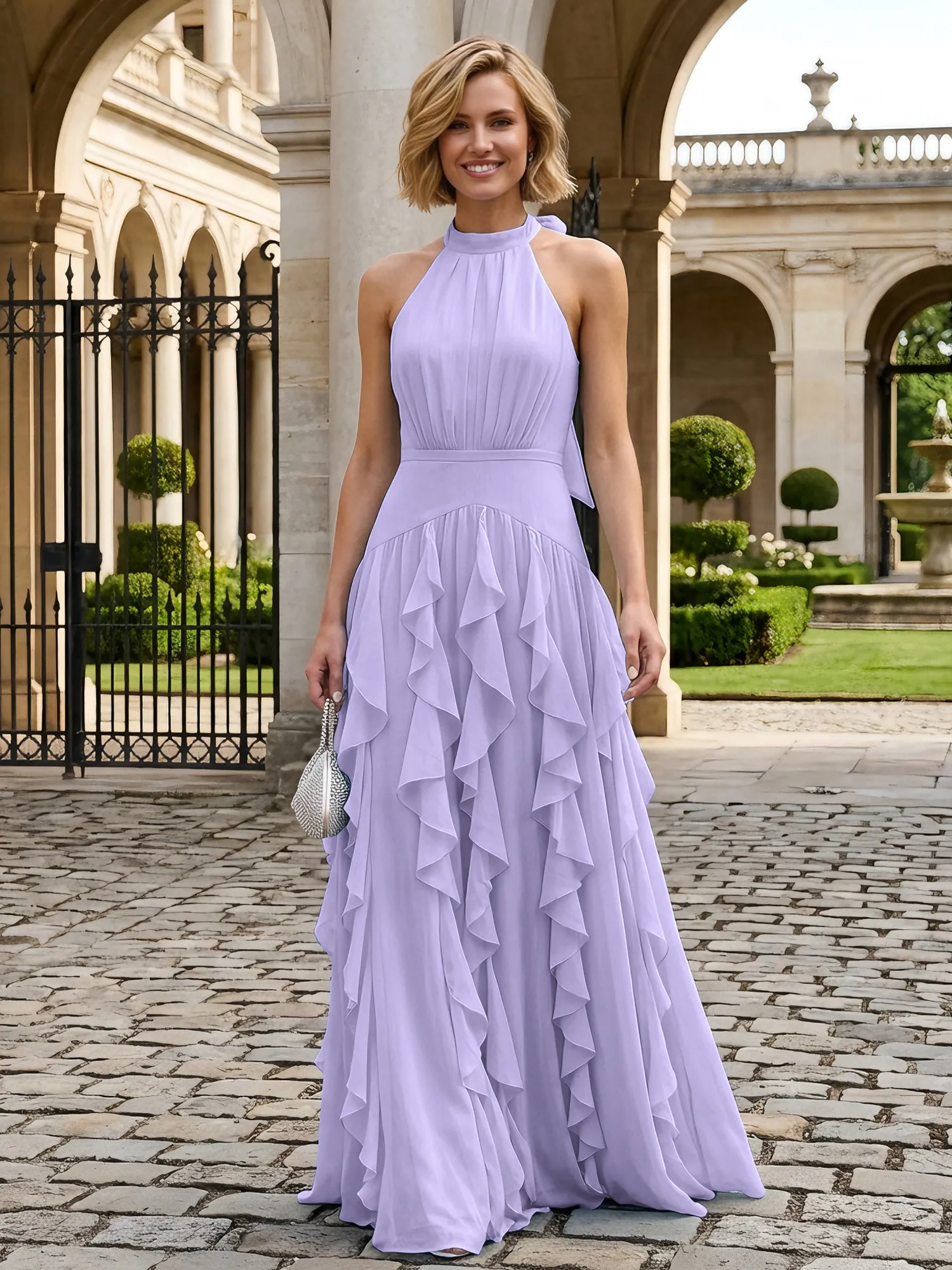 Halter Neck Ruffled Chiffon Evening Gown Maxi Dress