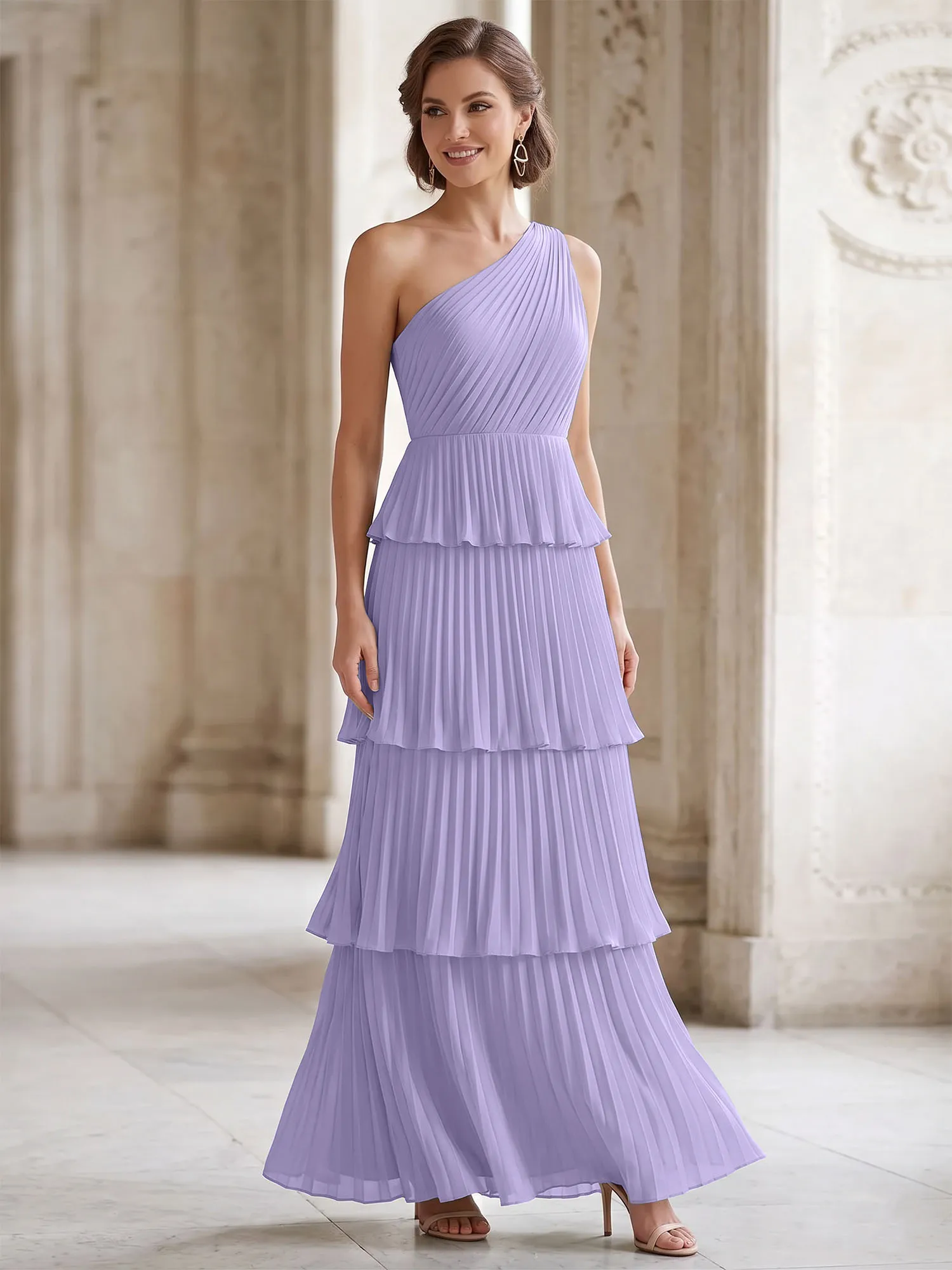 One-Shoulder Tiered Pleated Chiffon Evening Gown