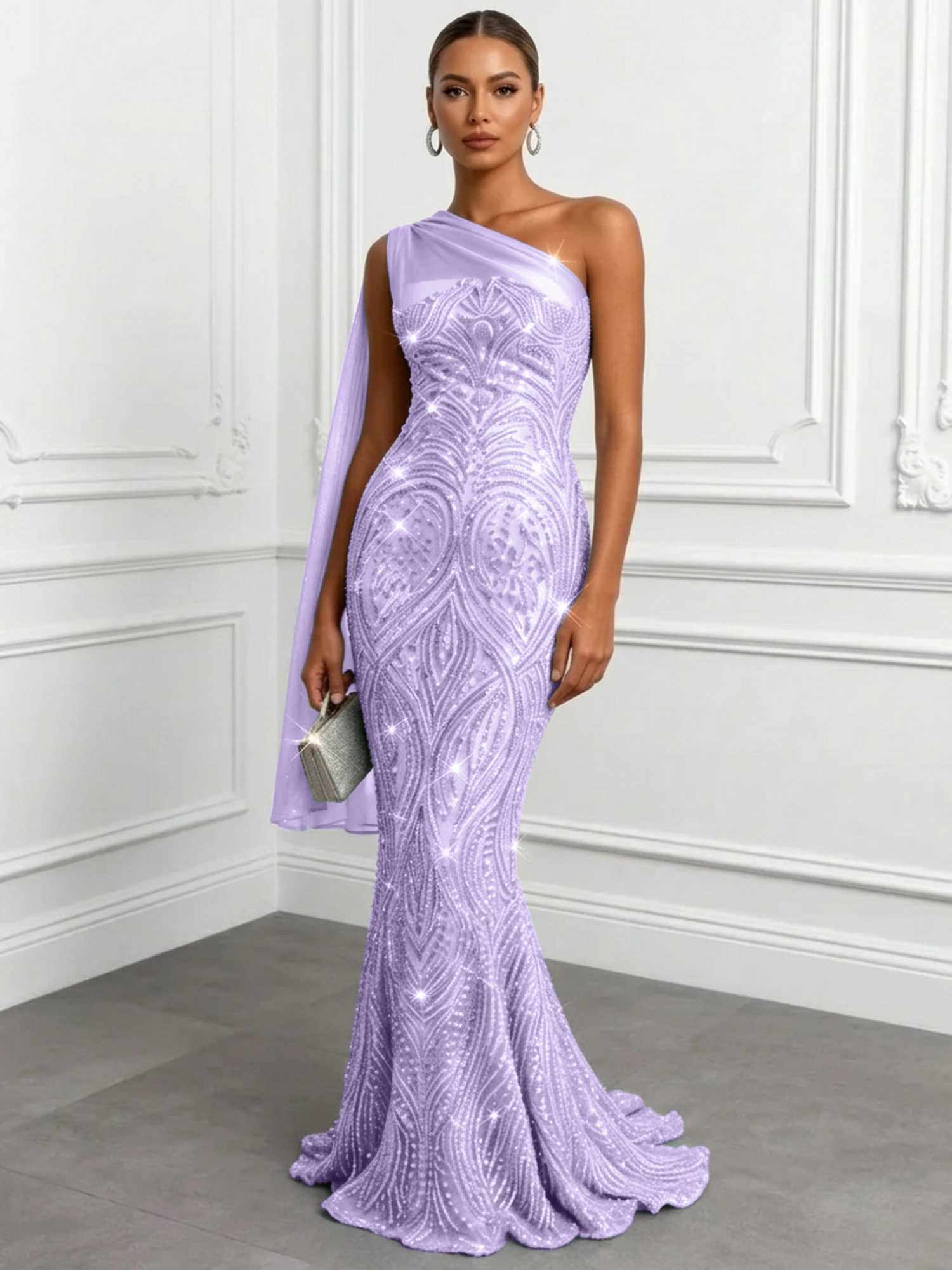 Shimmering Sage One-Shoulder Sequin Mermaid Evening Dress