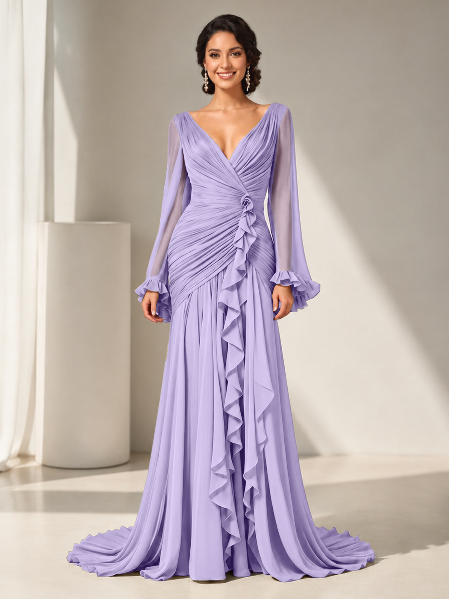 Grecian Olive Green Ruched Long-Sleeve Cascading Ruffle Formal Evening Dress