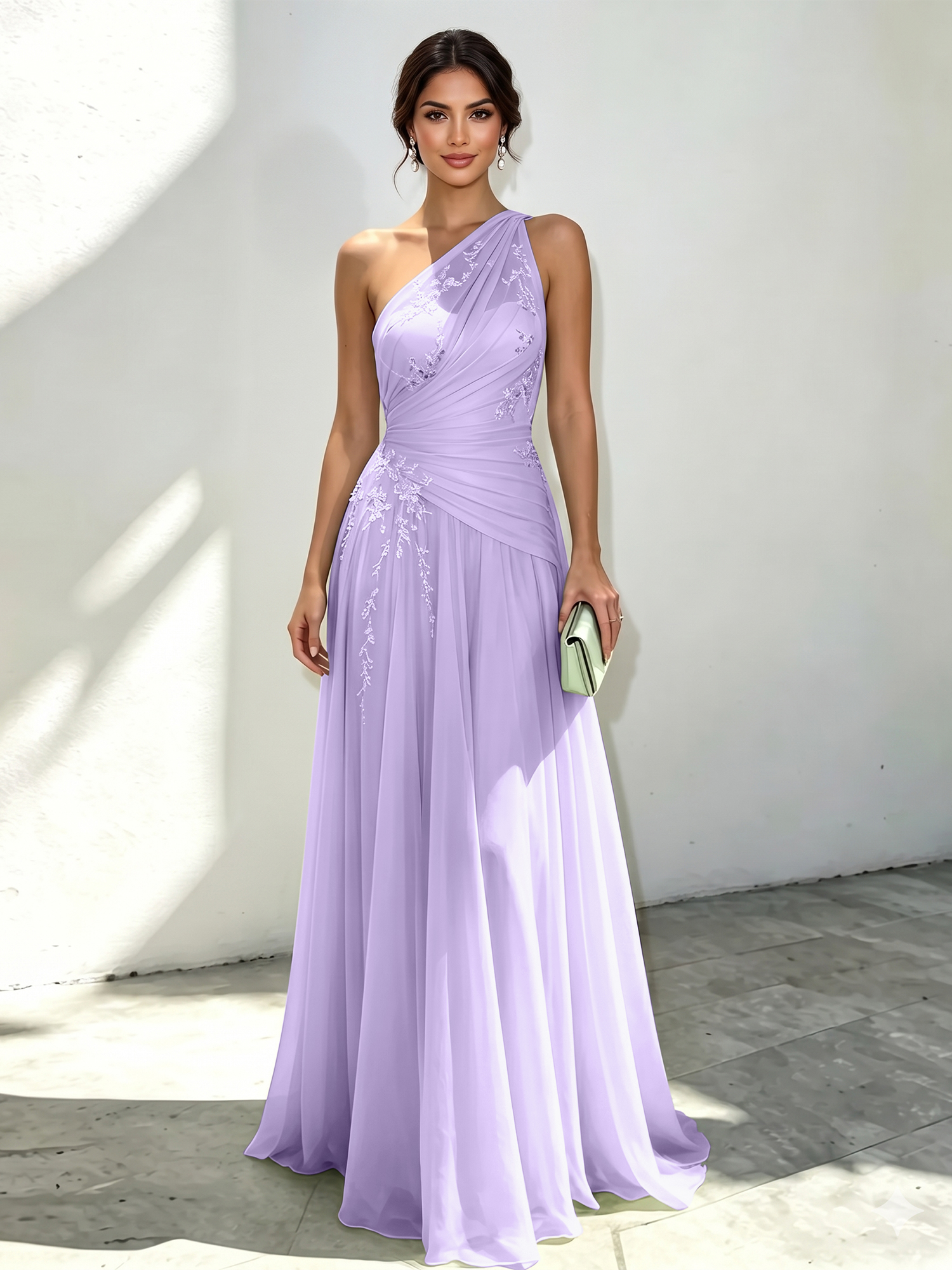 Ethereal Mint Green One-Shoulder Chiffon Evening Dress with Delicate Floral Embroidery