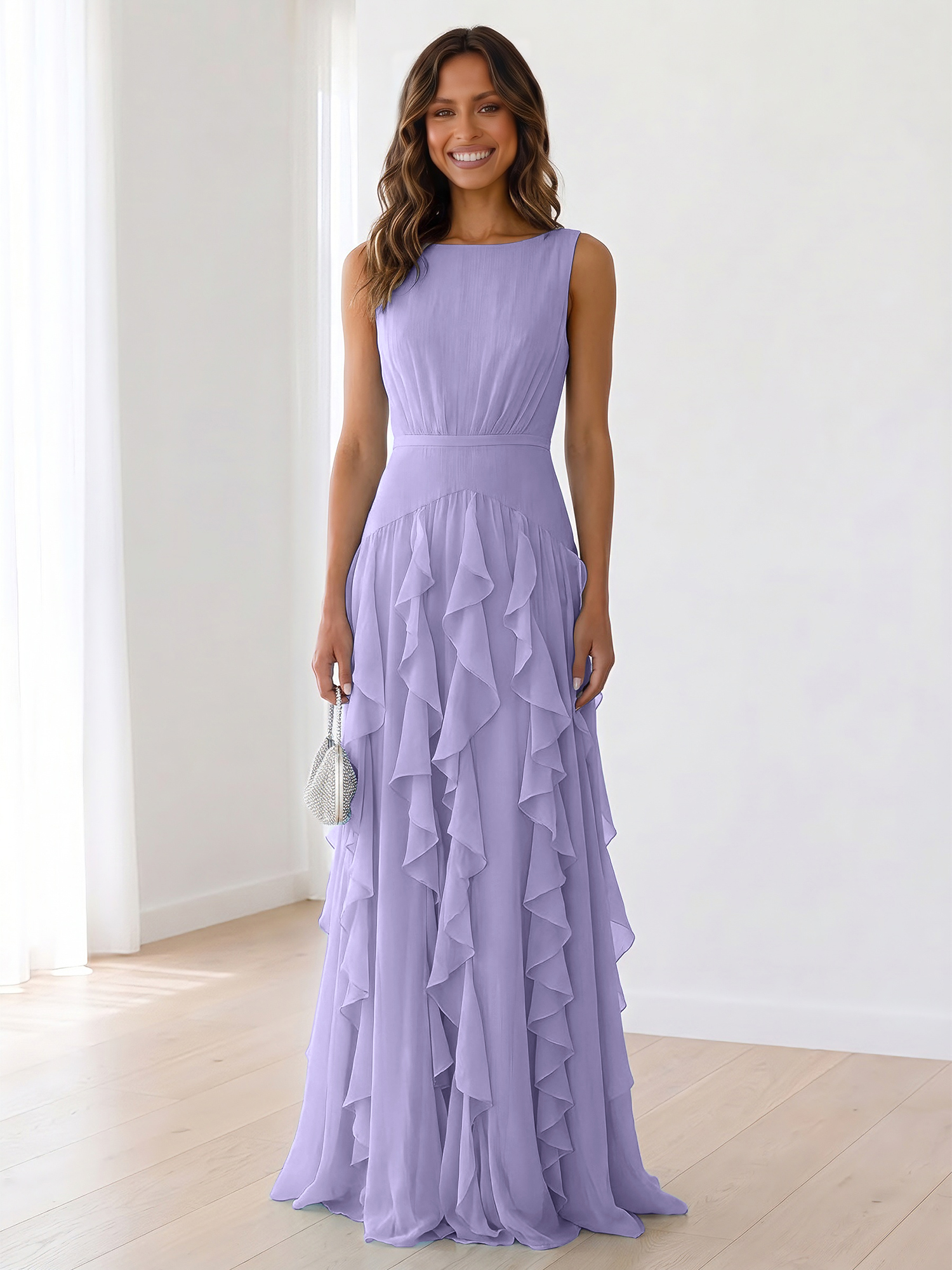 Ethereal Powder Blue Cascading Ruffle Maxi Formal Evening Dress