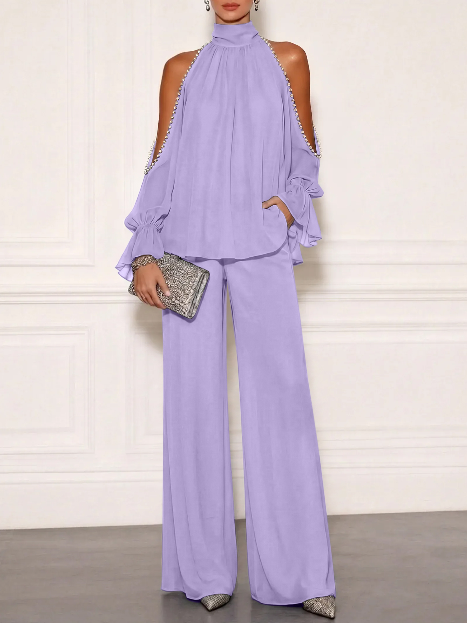 Sophisticated Embellished Cold Shoulder Formal Evening Jumpsuit