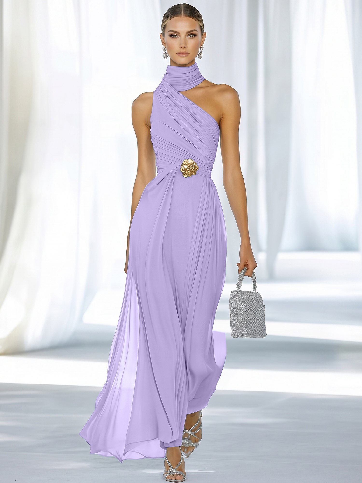 Sky Blue Pleated Chiffon Halter Strapless Formal Evening Dress