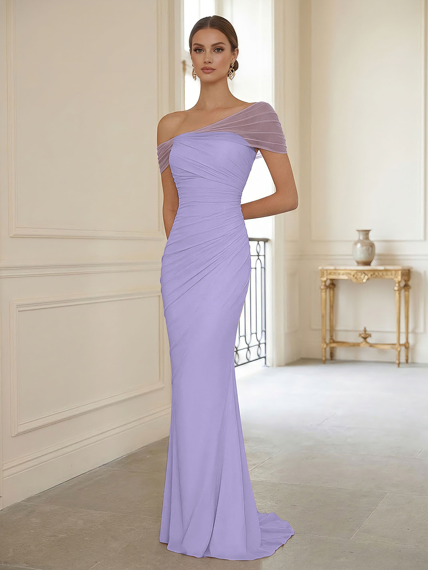 Sophisticated Blush Pink Asymmetrical Ruched Maxi Dress Evening Gown
