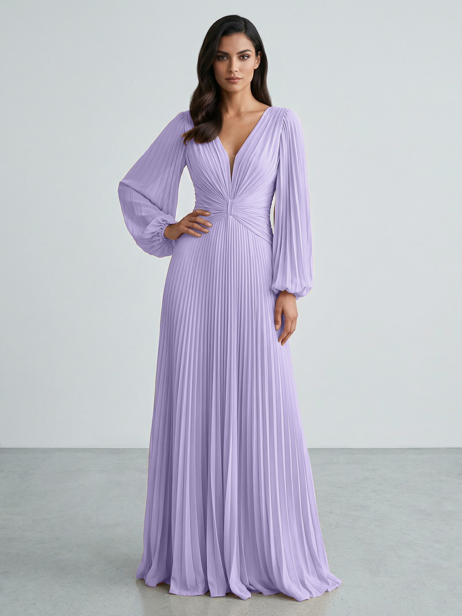 Slate Blue Plunging V-Neck Pleated Long Sleeve Maxi Dress Gown