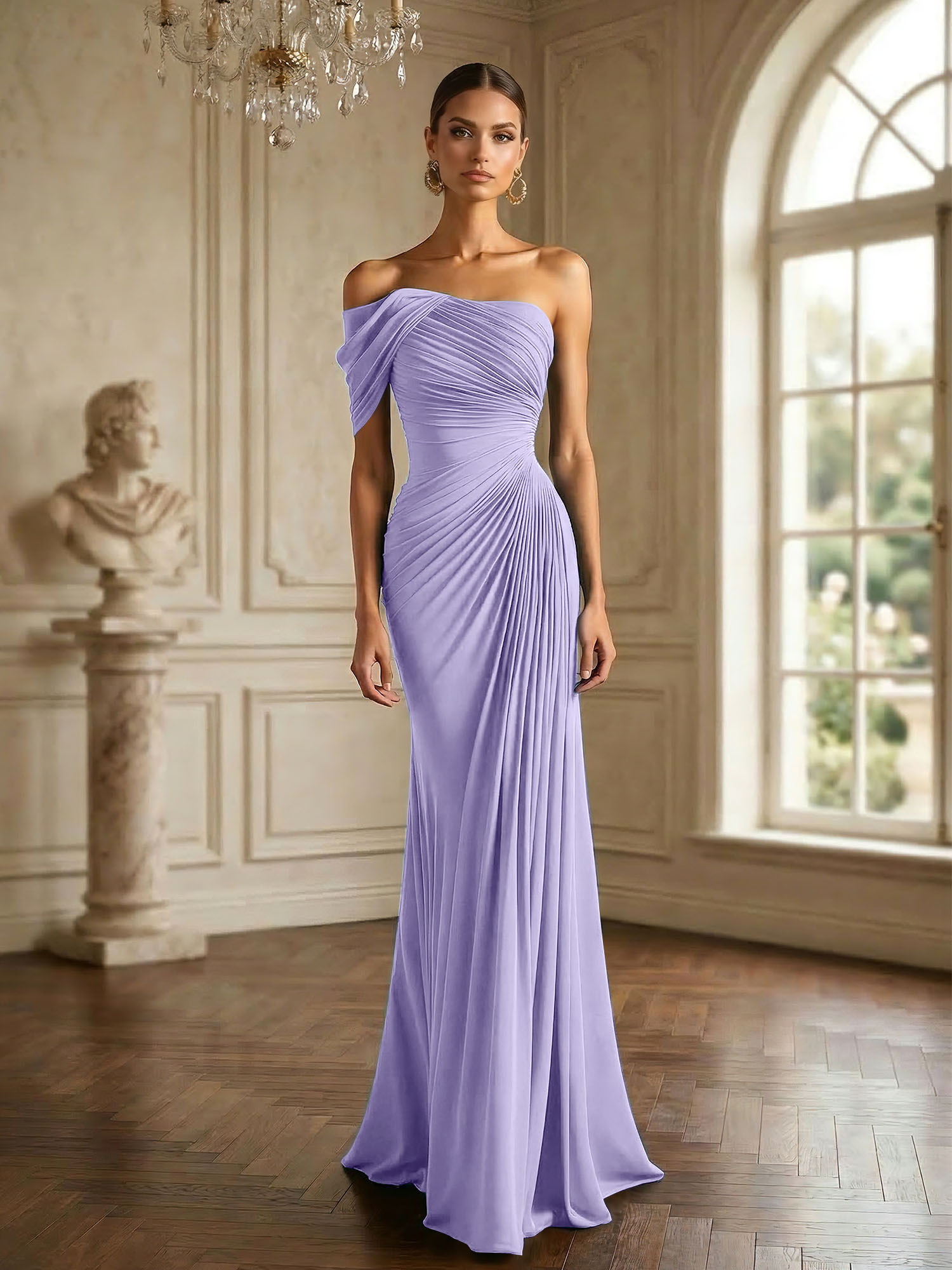 One Shoulder Pleat Mermaid Chiffon Evening Dresses for Women Gown