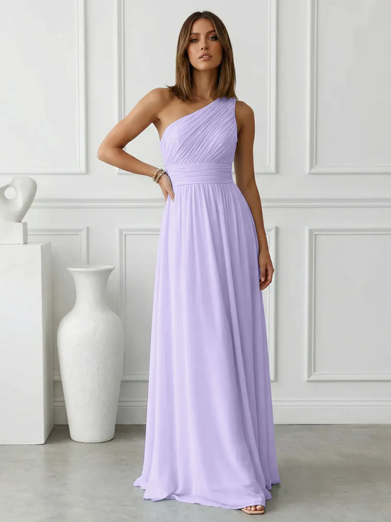 One-Shoulder Pleated Chiffon A-Line Evening Dress