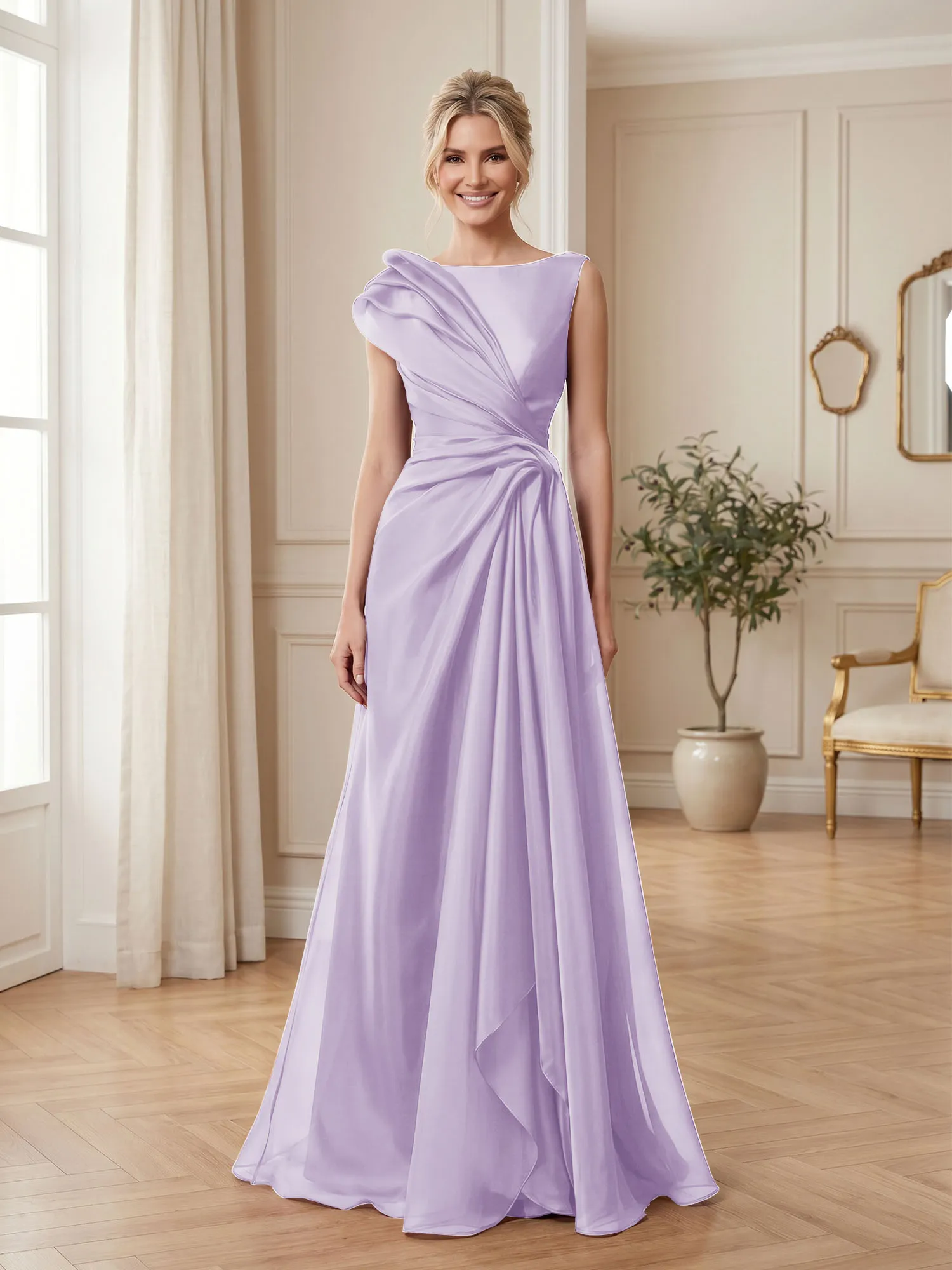 A Line Ruched Draped Tulle Evening Gown
