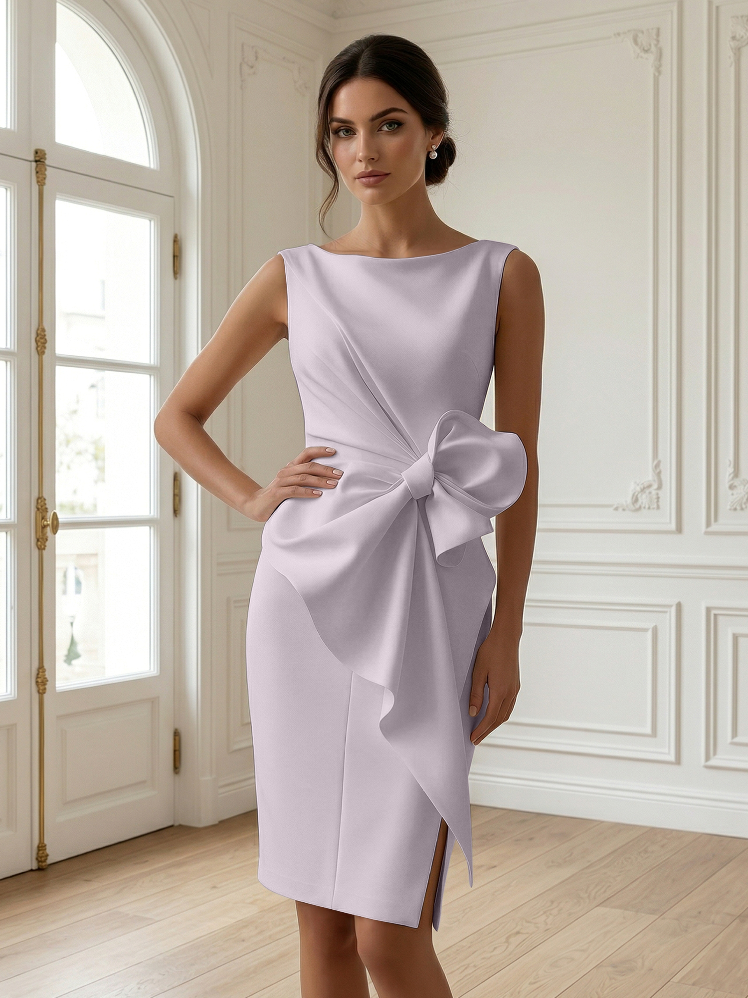 White 3D Bow Sleeveless Sheath Midi Dress Evening Gown