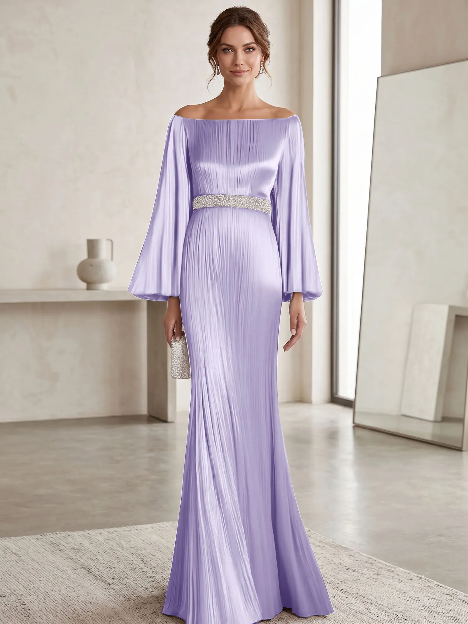 Off-the-Shoulder Pleated Satin Evening Gown with Beaded Waistband