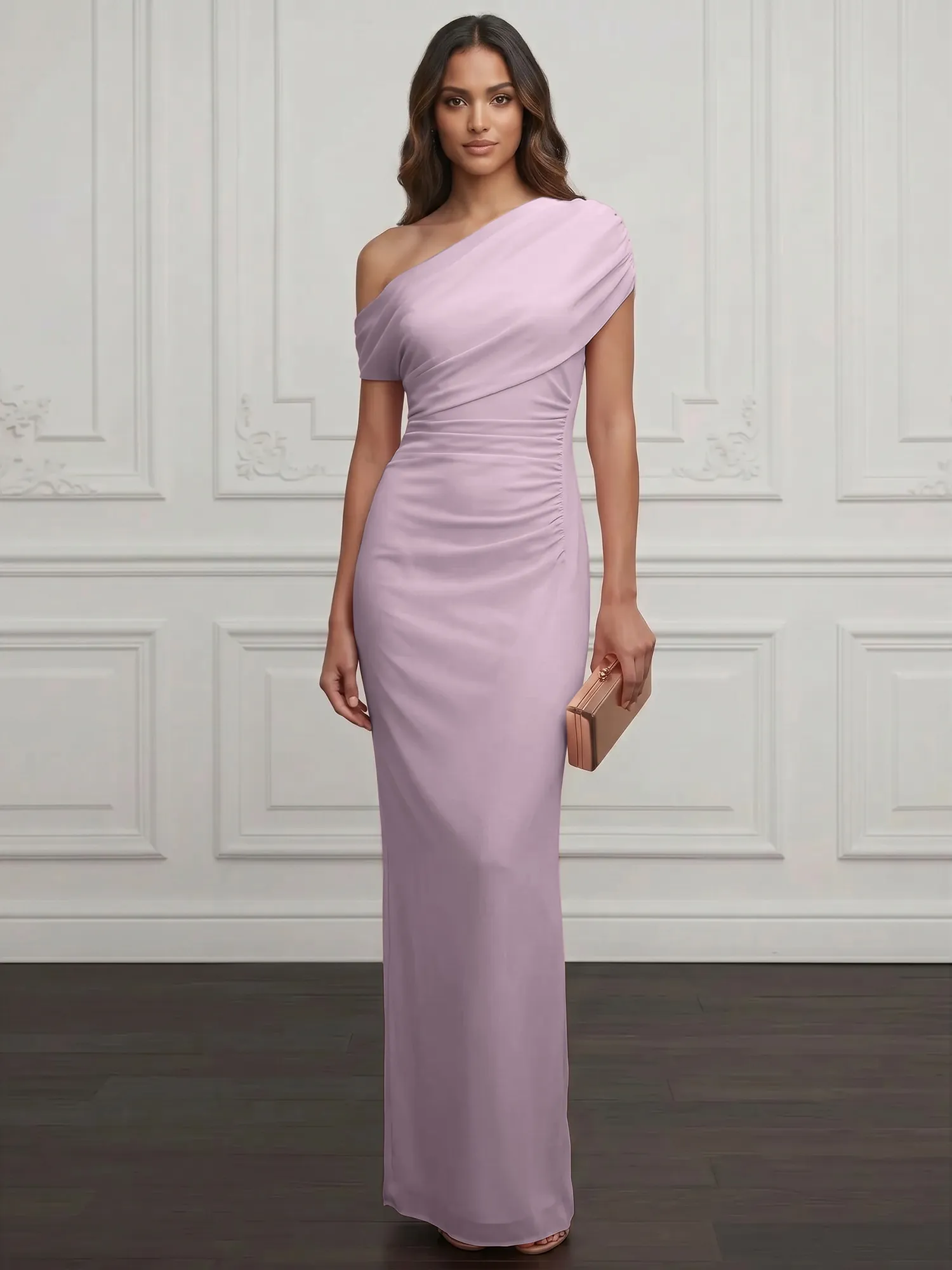 One-Shoulder Draped Chiffon Evening Gown
