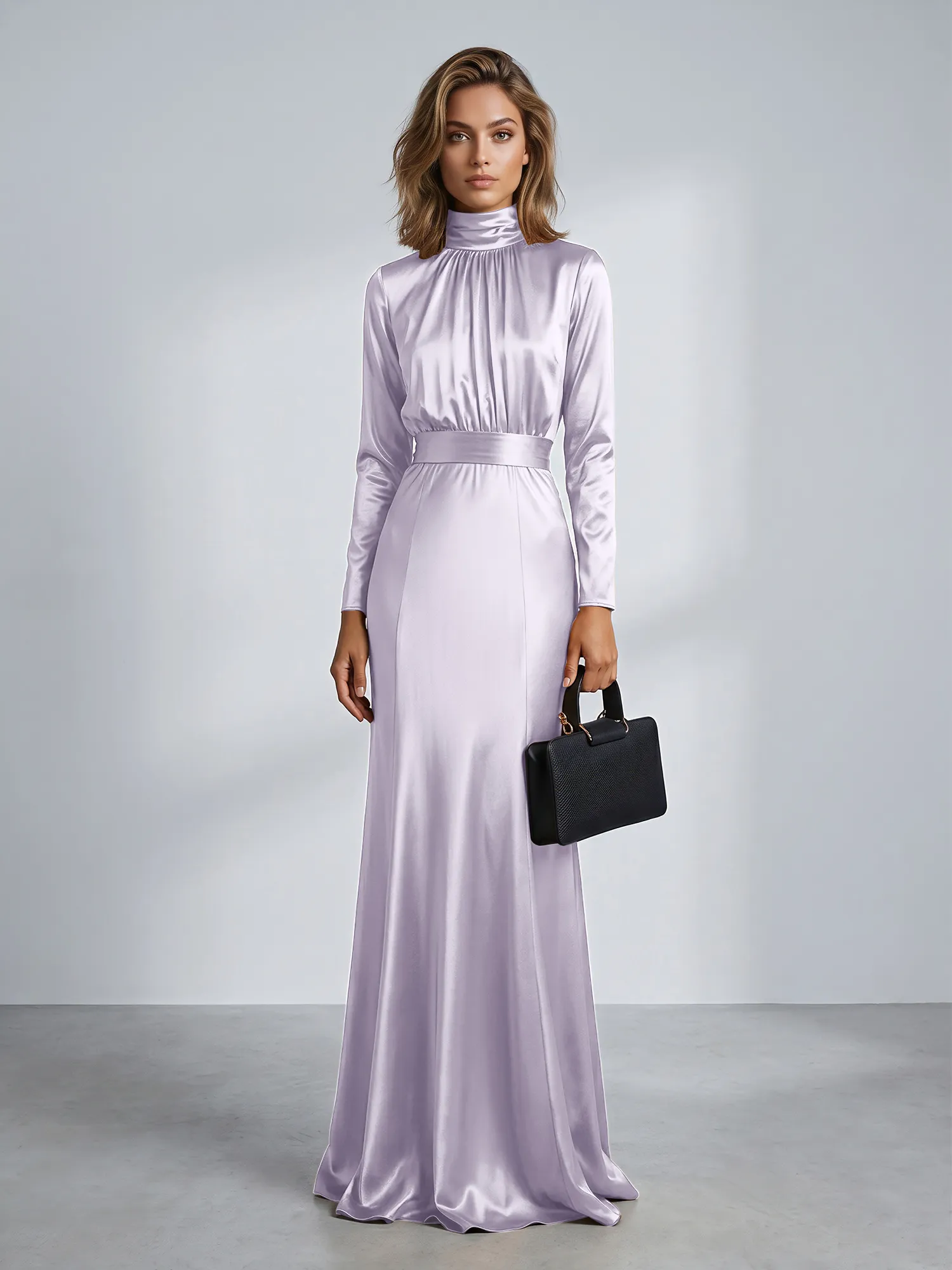 High Neck Long Sleeve Satin Mermaid Evening Gown with Waist Sash