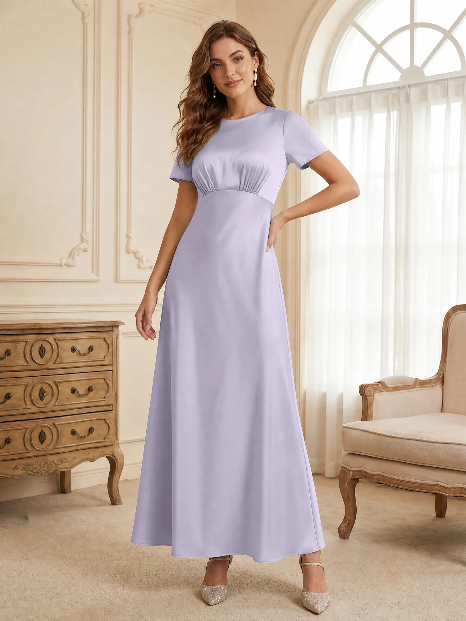 Round Neck Short Sleeve Satin Bridesmaid Dress