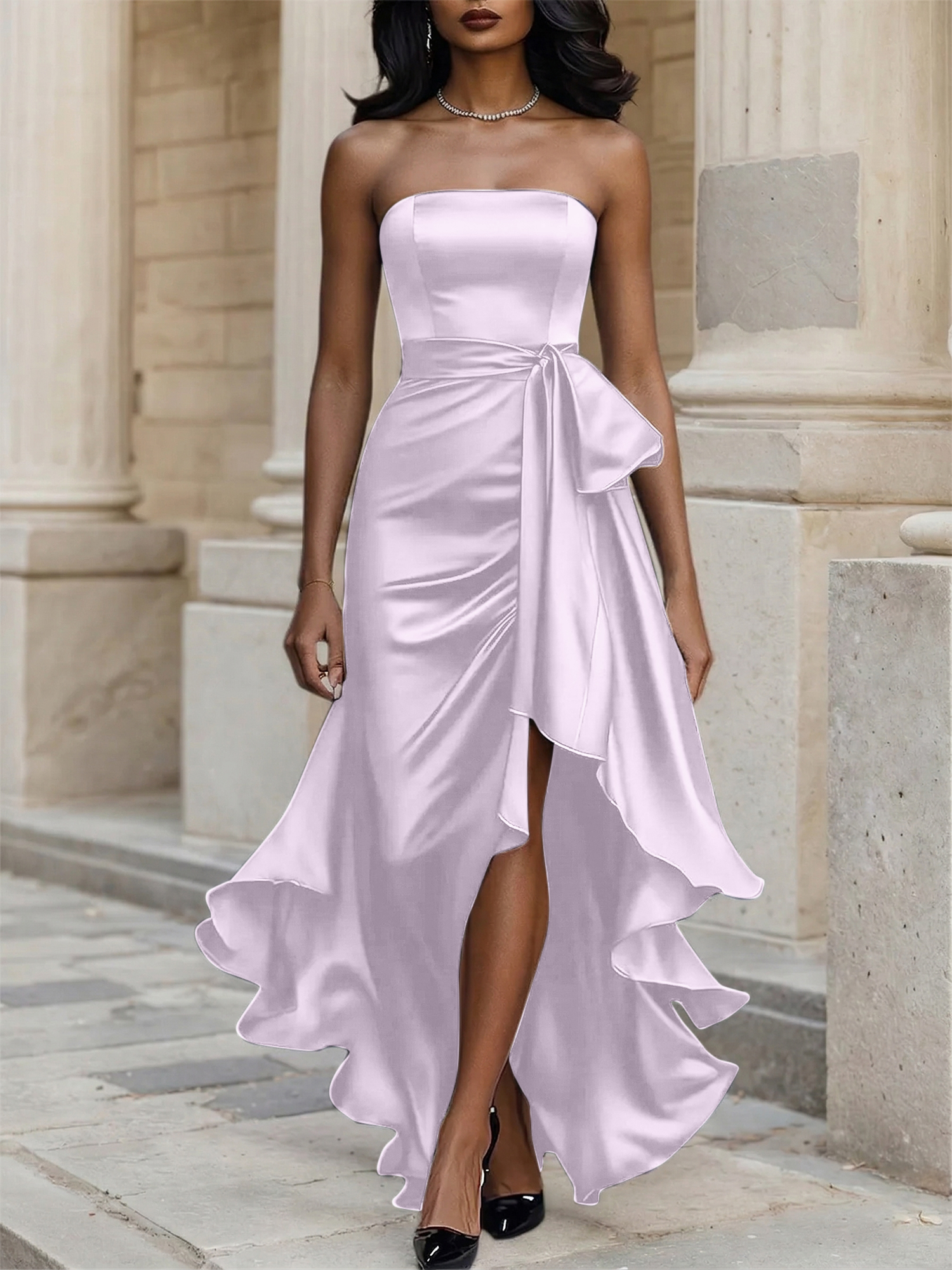 Glamorous Formal Dress Midnight Navy Strapless High-Low Satin Gown Midi Dress