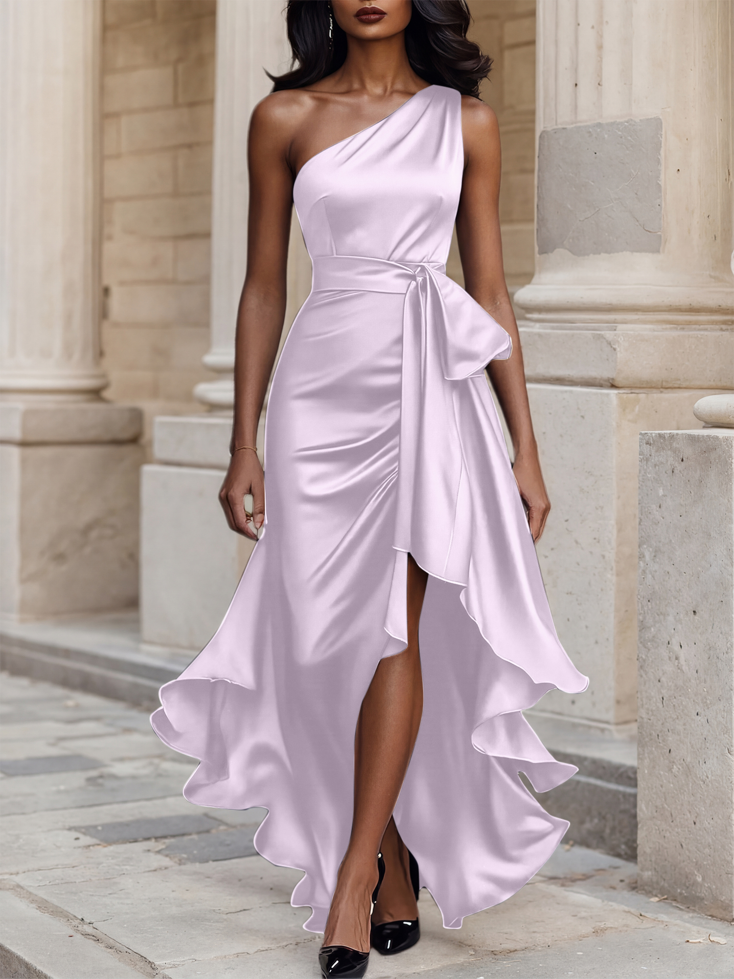 Glamorous Formal Dress Midnight Navy One Shoulder High-Low Satin Gown Midi Dress