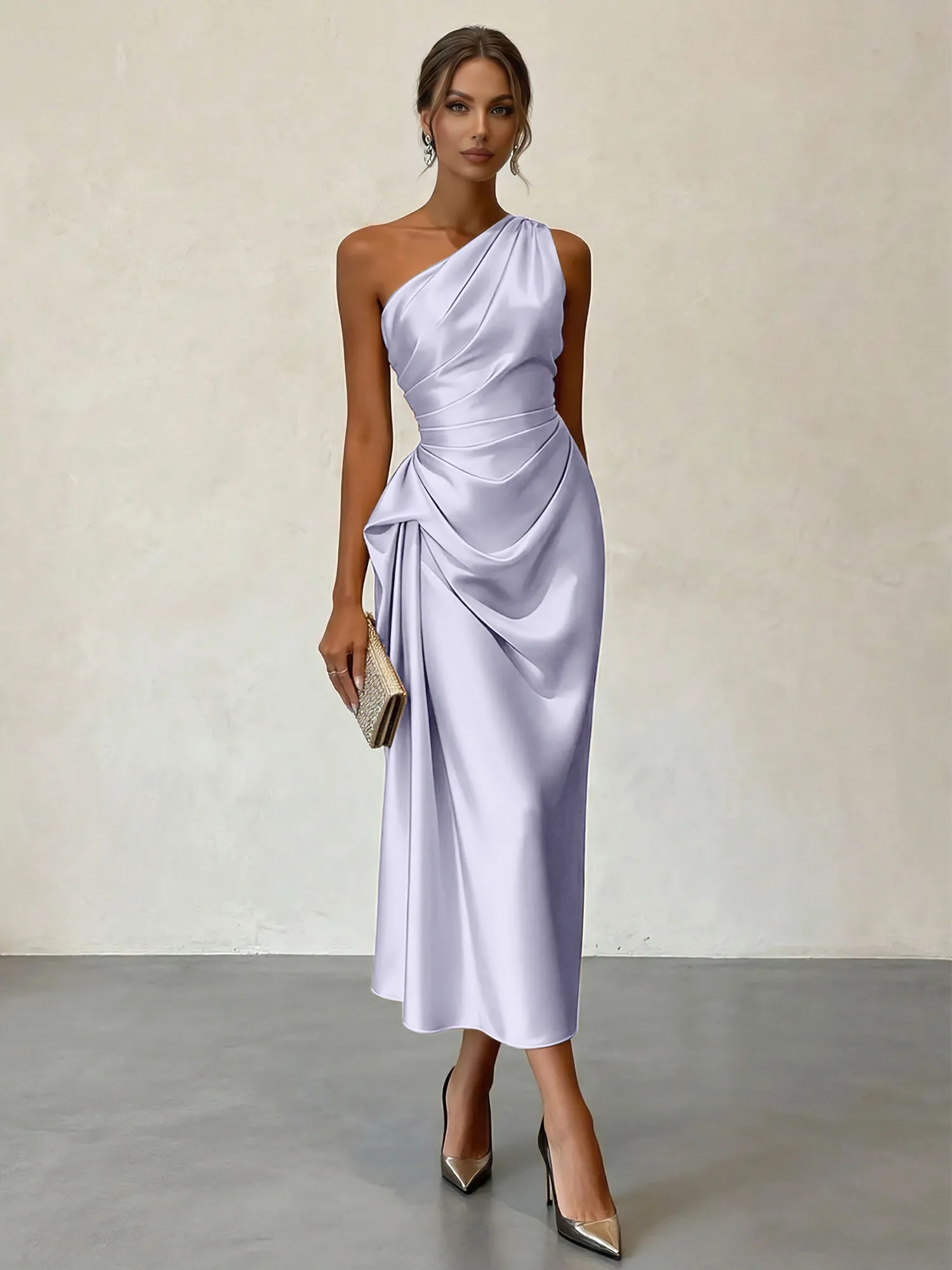 One-Shoulder Ruched Satin Midi Evening Dress with Draped Detail
