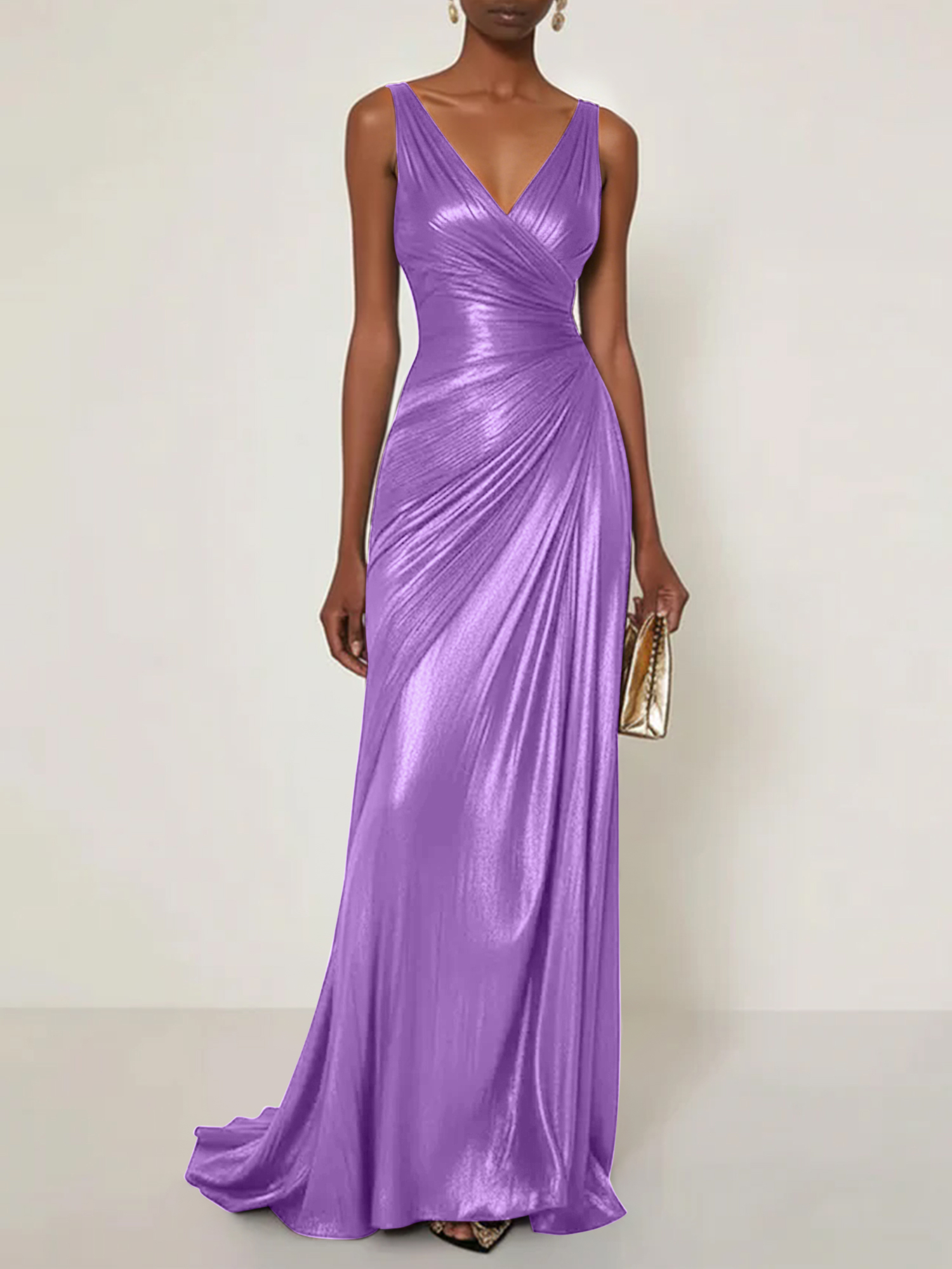 Evening Formal Dress V Neck Silk Ruffles Maxi Dress Gown