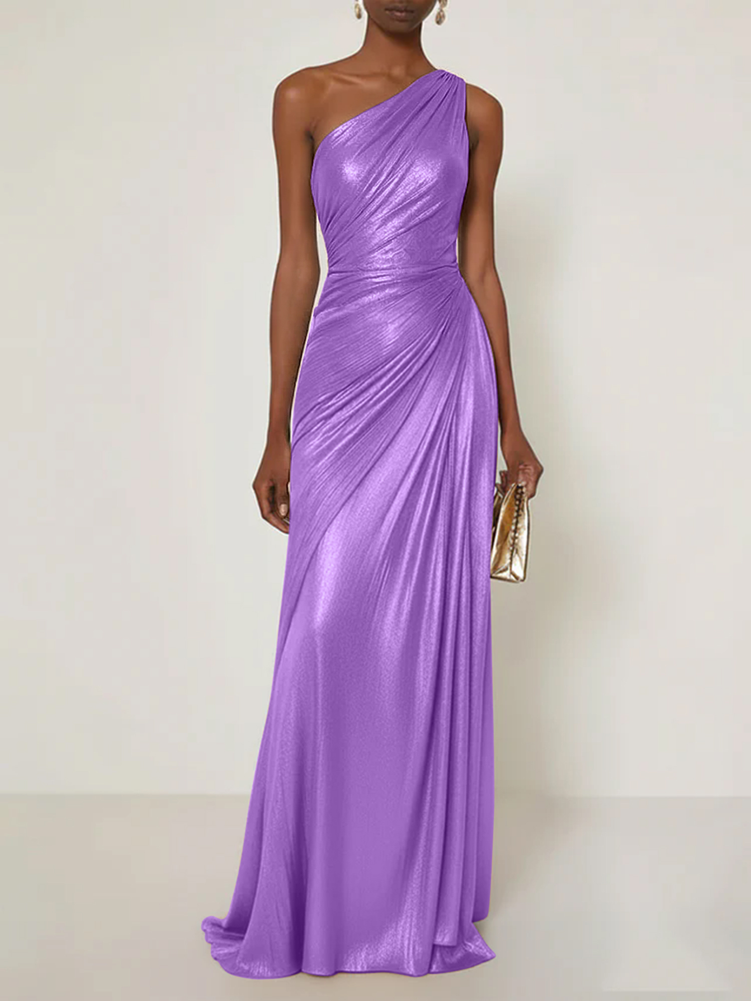 Evening Formal Dress V Neck One Shoulder Silk Ruffles Maxi Dress