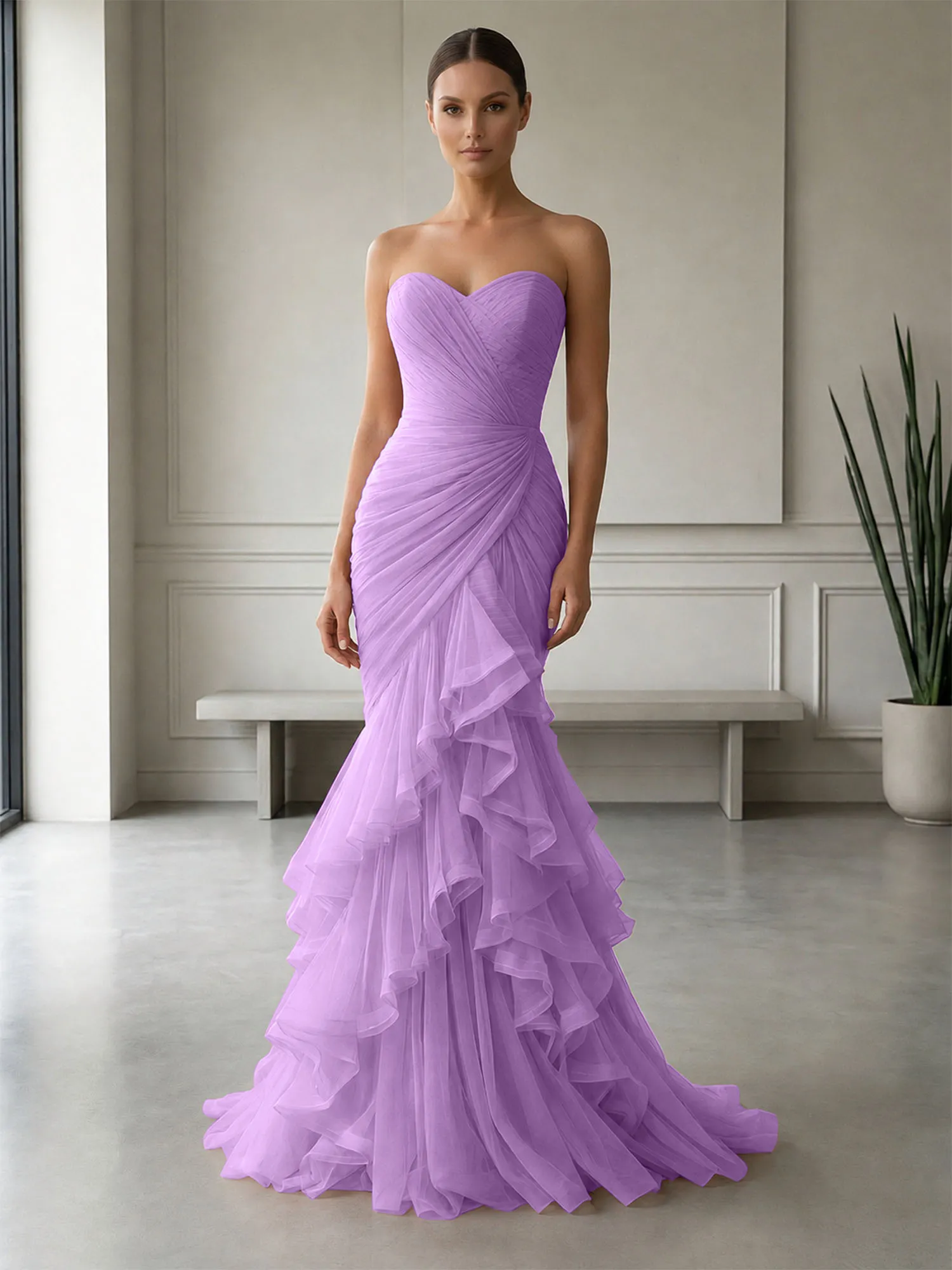 Strapless Ruched Tulle Mermaid Evening Gown Maxi Dress