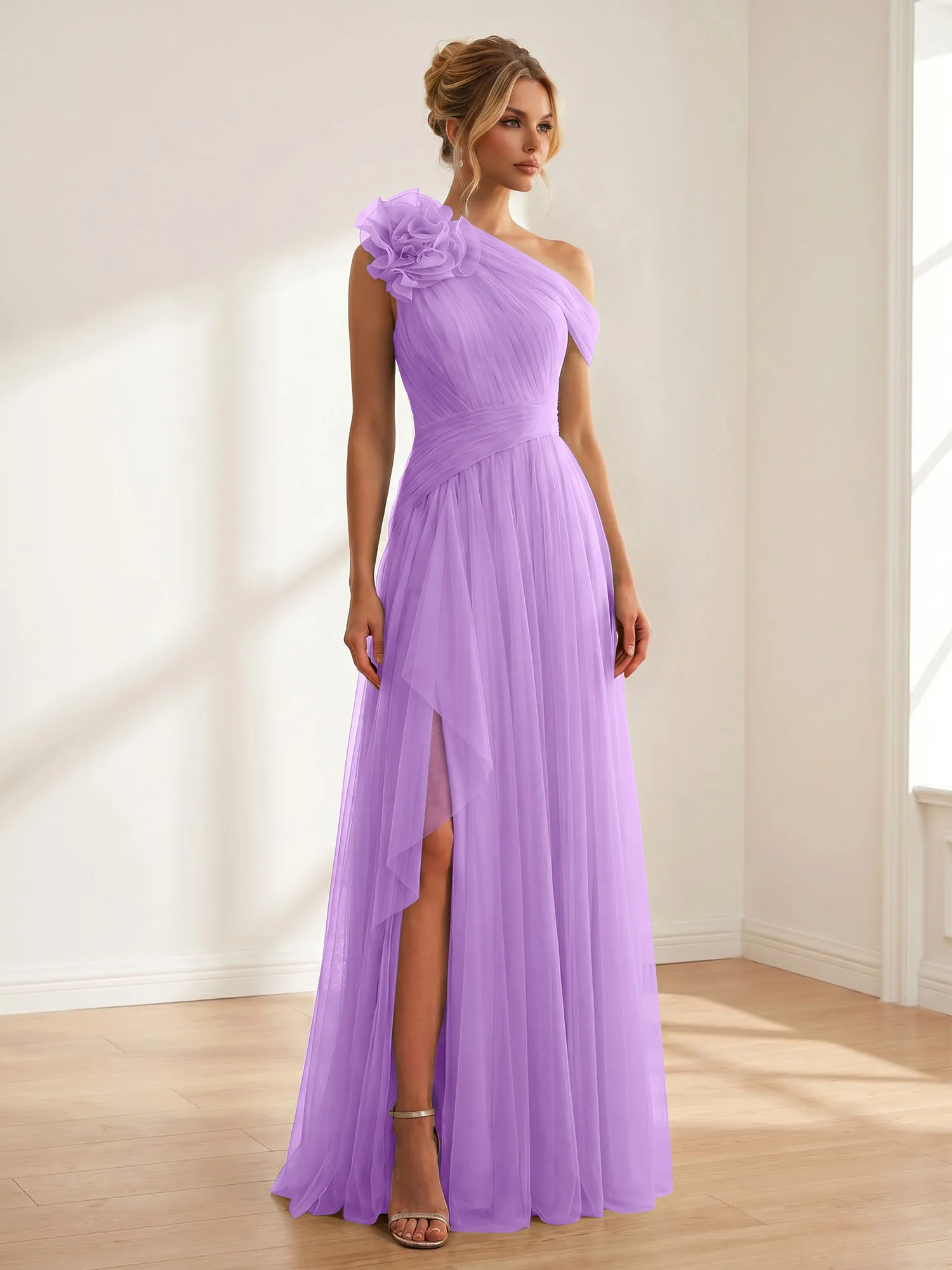 One-Shoulder Tulle Evening Gown with Floral Accent