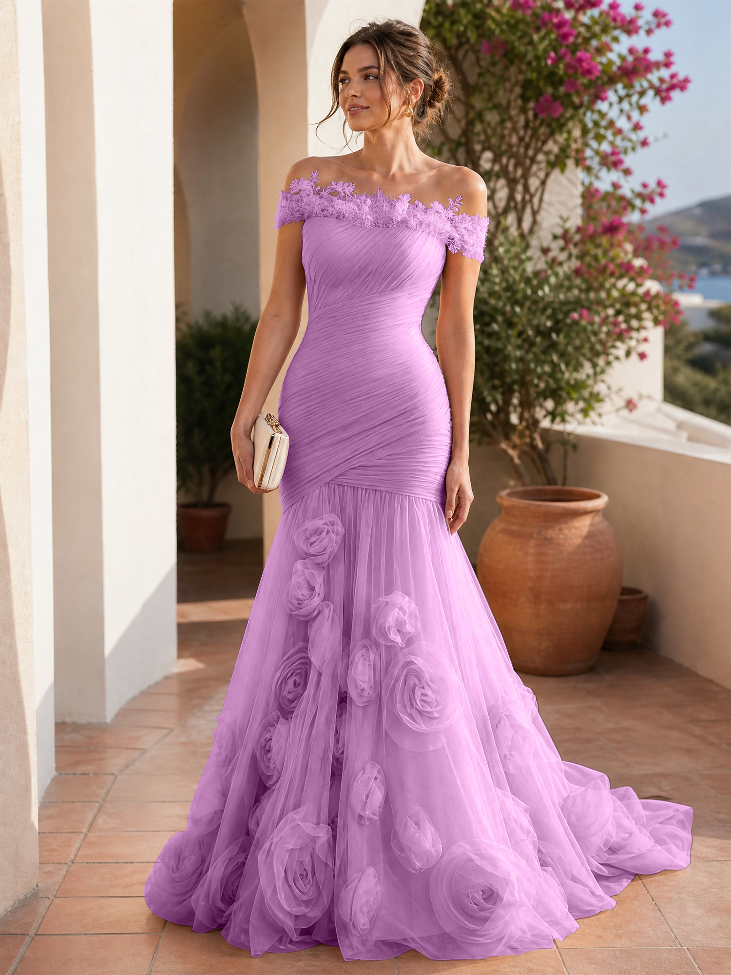 Romantic Blushing Rose Off-the-Shoulder Mermaid Formal Evening Dress 