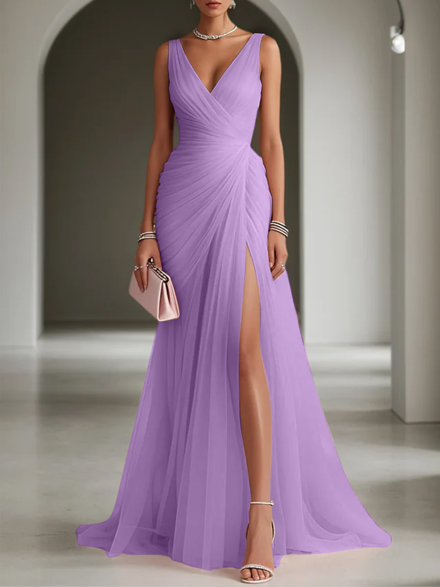 Pink Ruched Slit Tulle V Neck One Shoulder Sheath Gown Dress