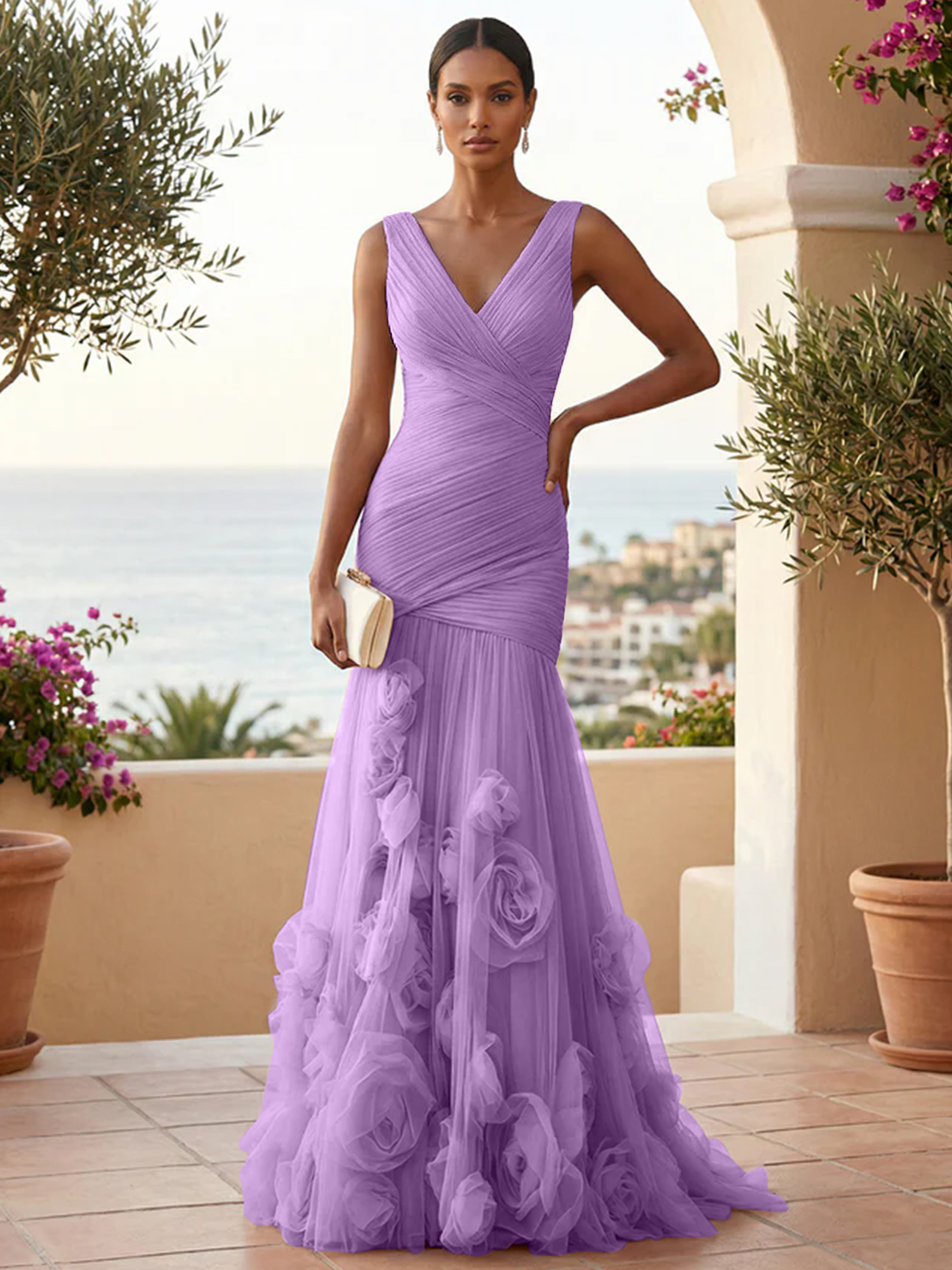 Sweetheart Tulle V Neck Pleat Mermaid Evening Dresses with 3D Flower