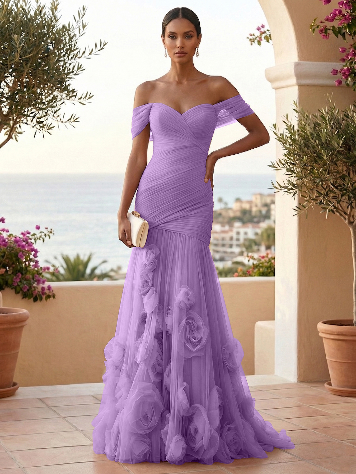 Sweetheart Tulle Off the Shoulder Pleat Mermaid Evening Dresses with 3D Flower