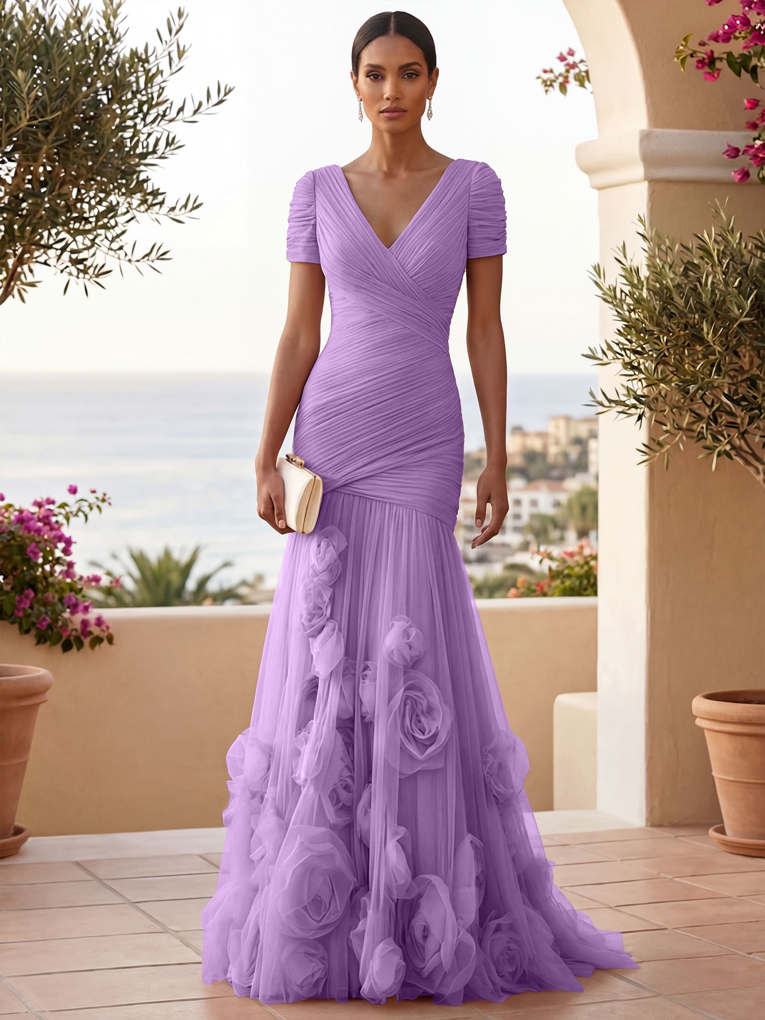 Sweetheart Tulle Short Sleeves Pleat Mermaid Evening Dresses with 3D Flower