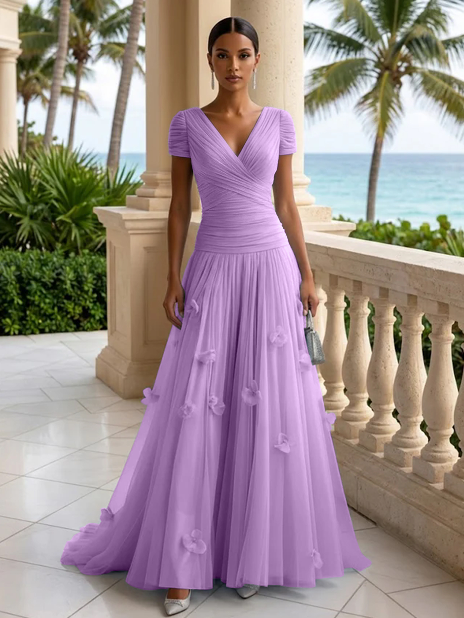 Elegant V-Neck Ruched Tulle A-Line Evening Gown with 3D Floral Appliqués