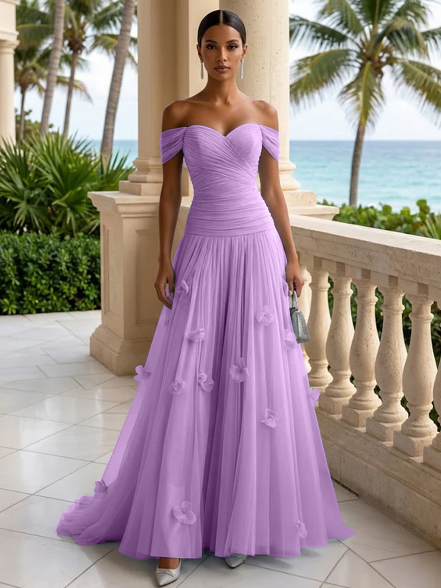 Elegant Off-the-Shoulder Ruched Tulle A-Line Evening Gown with 3D Floral Appliqués