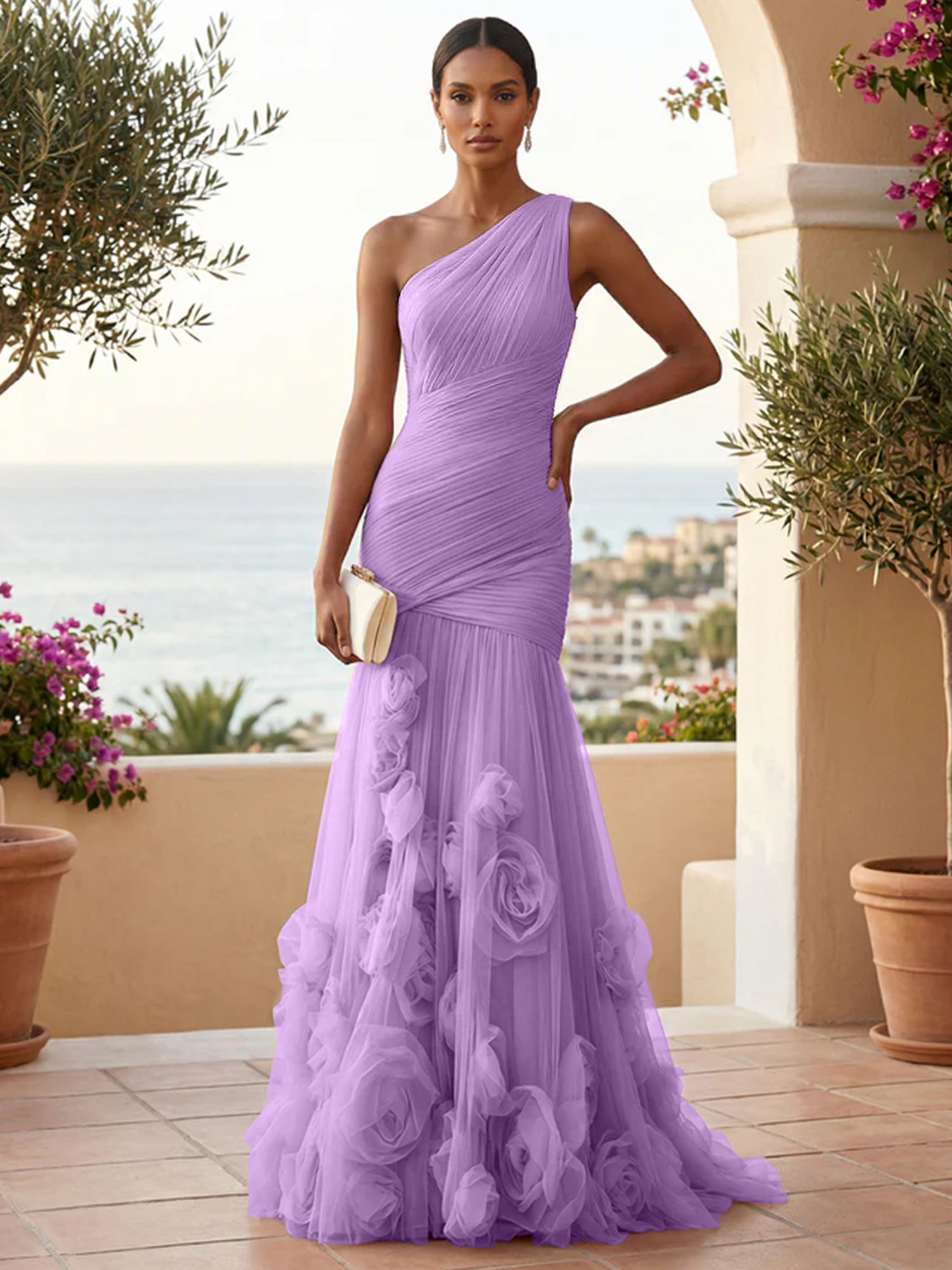 Sweetheart Tulle Pleat One Shoulder Mermaid Evening Dresses Gown with 3D Flower