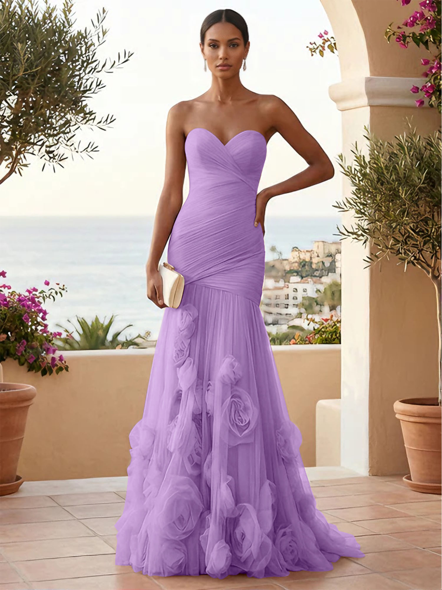 Sweetheart Tulle Pleat Mermaid Evening Dresses with 3D Flower