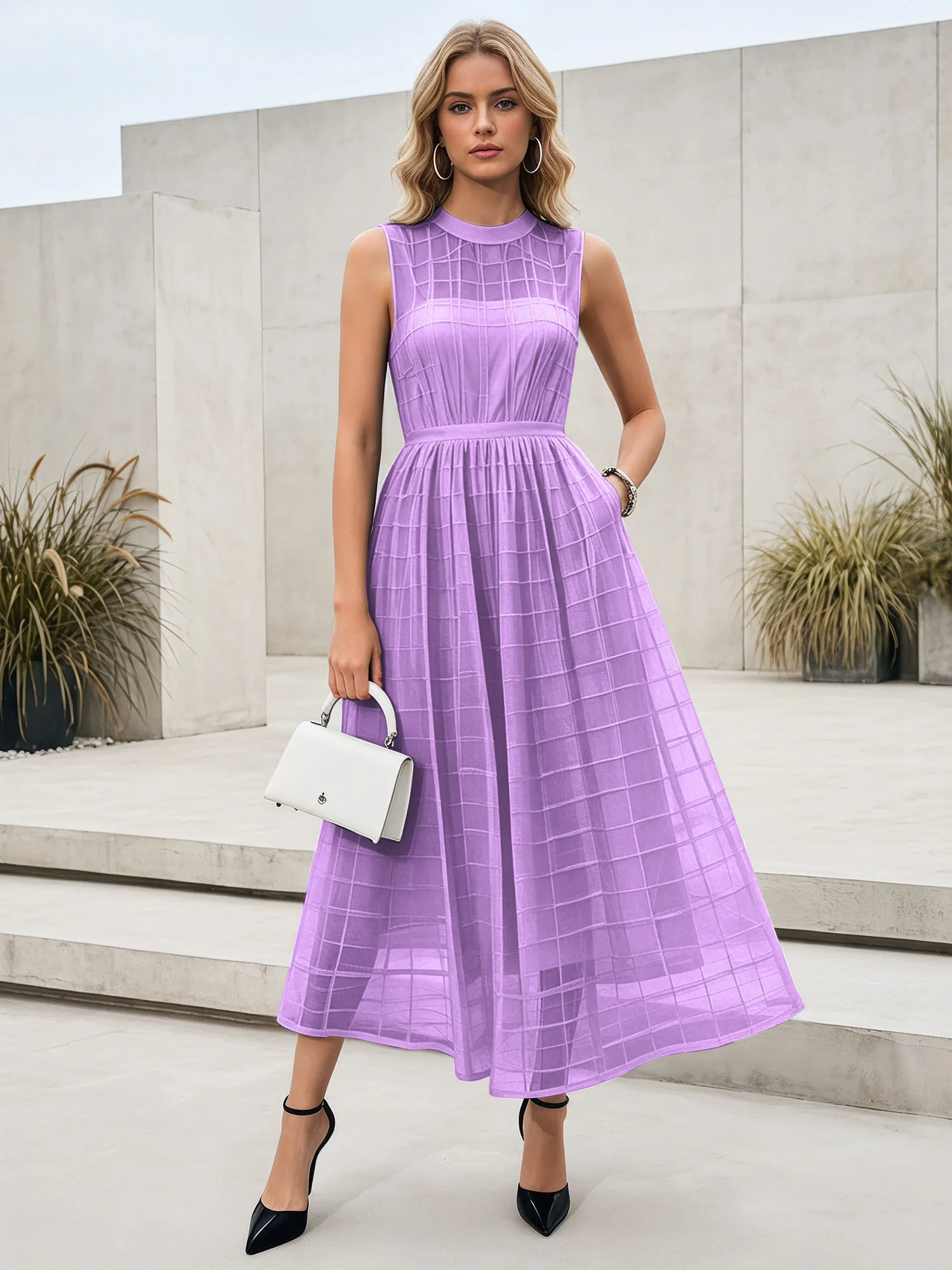Sleeveless Grid Mesh A-Line Midi Evening Dress