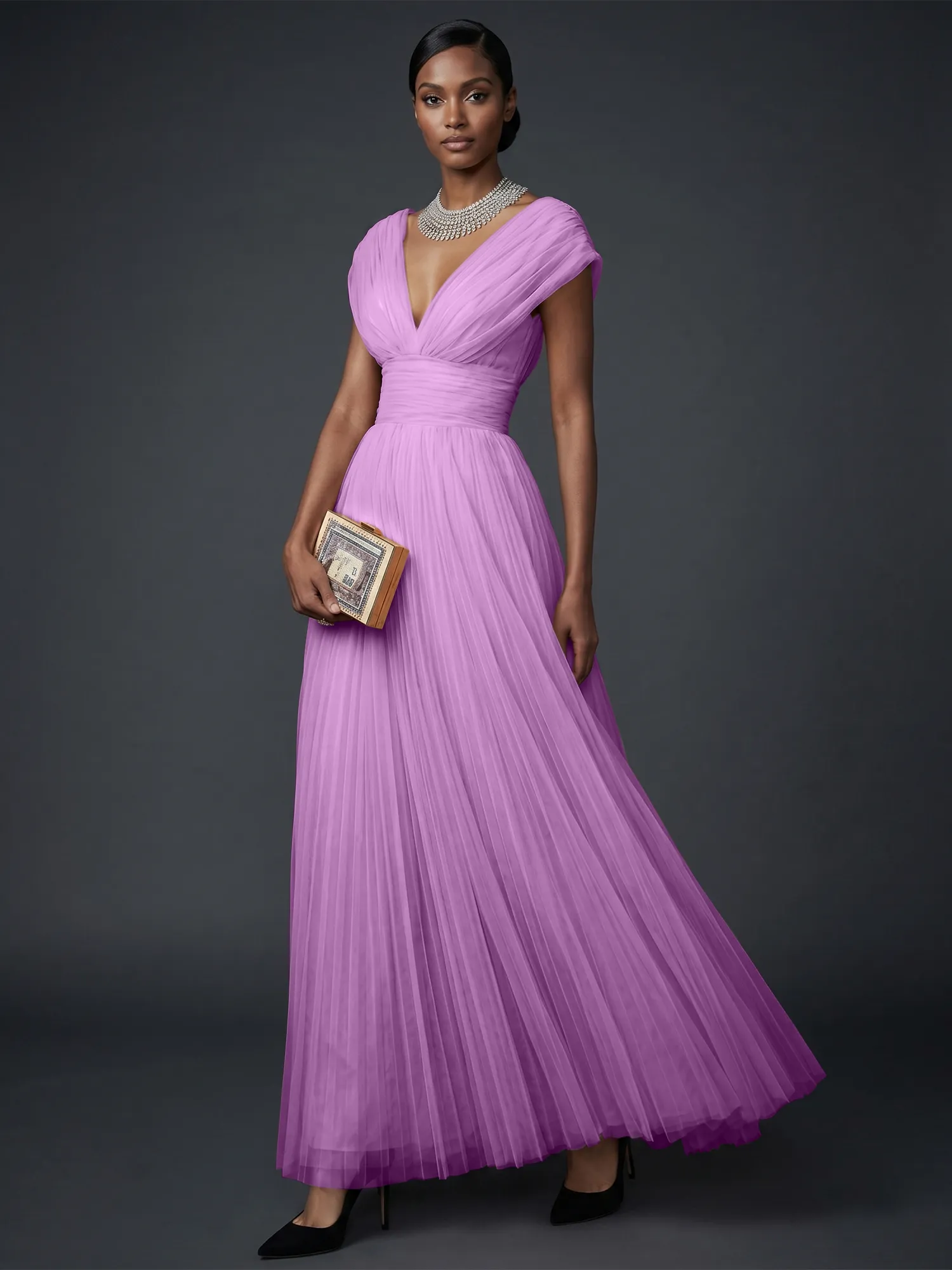Draped V-Neck Pleated Tulle Evening Gown Maxi Dress