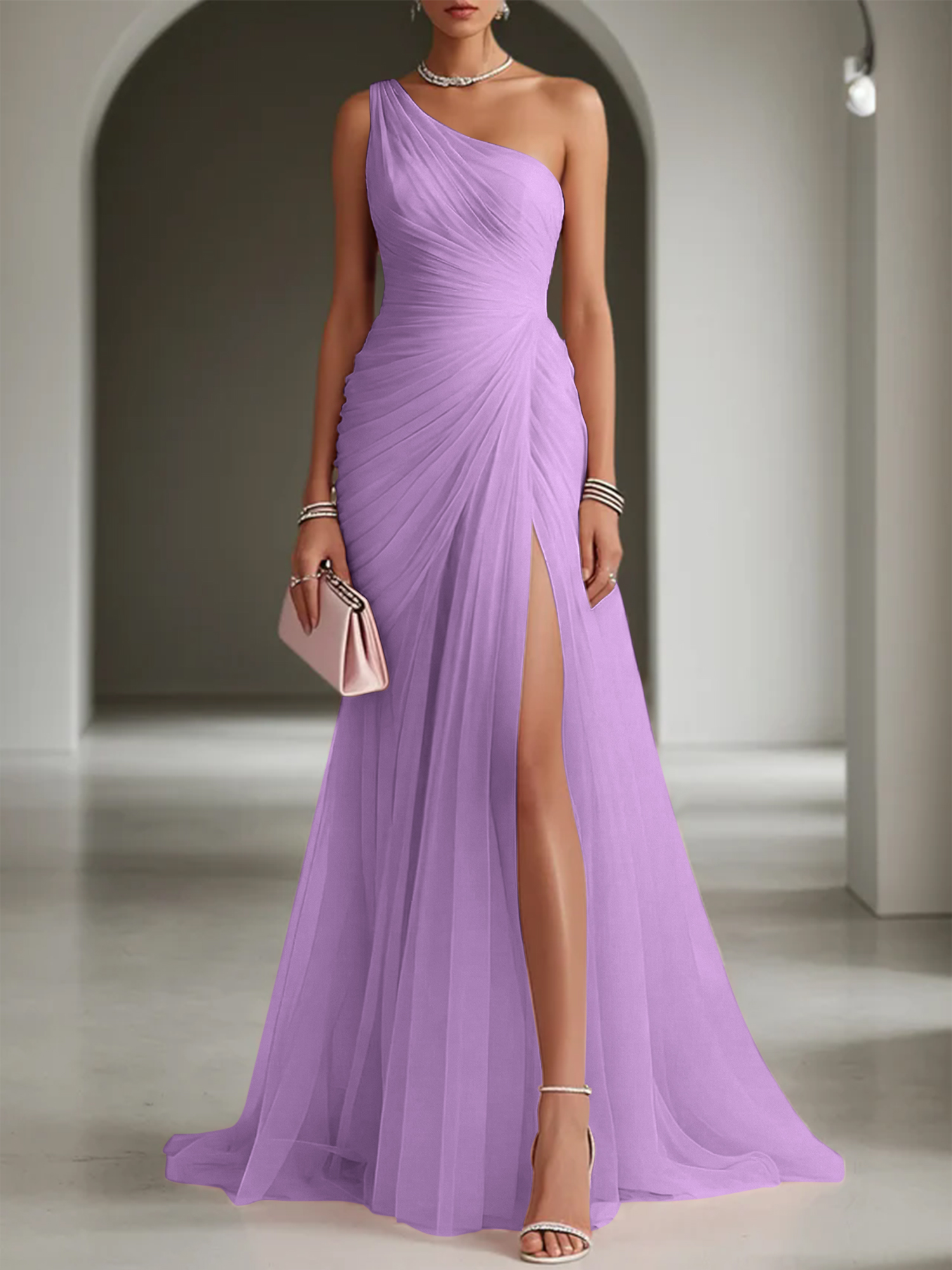 Pink Ruched Slit Tulle Strapless One Shoulder Sheath Gown Dress
