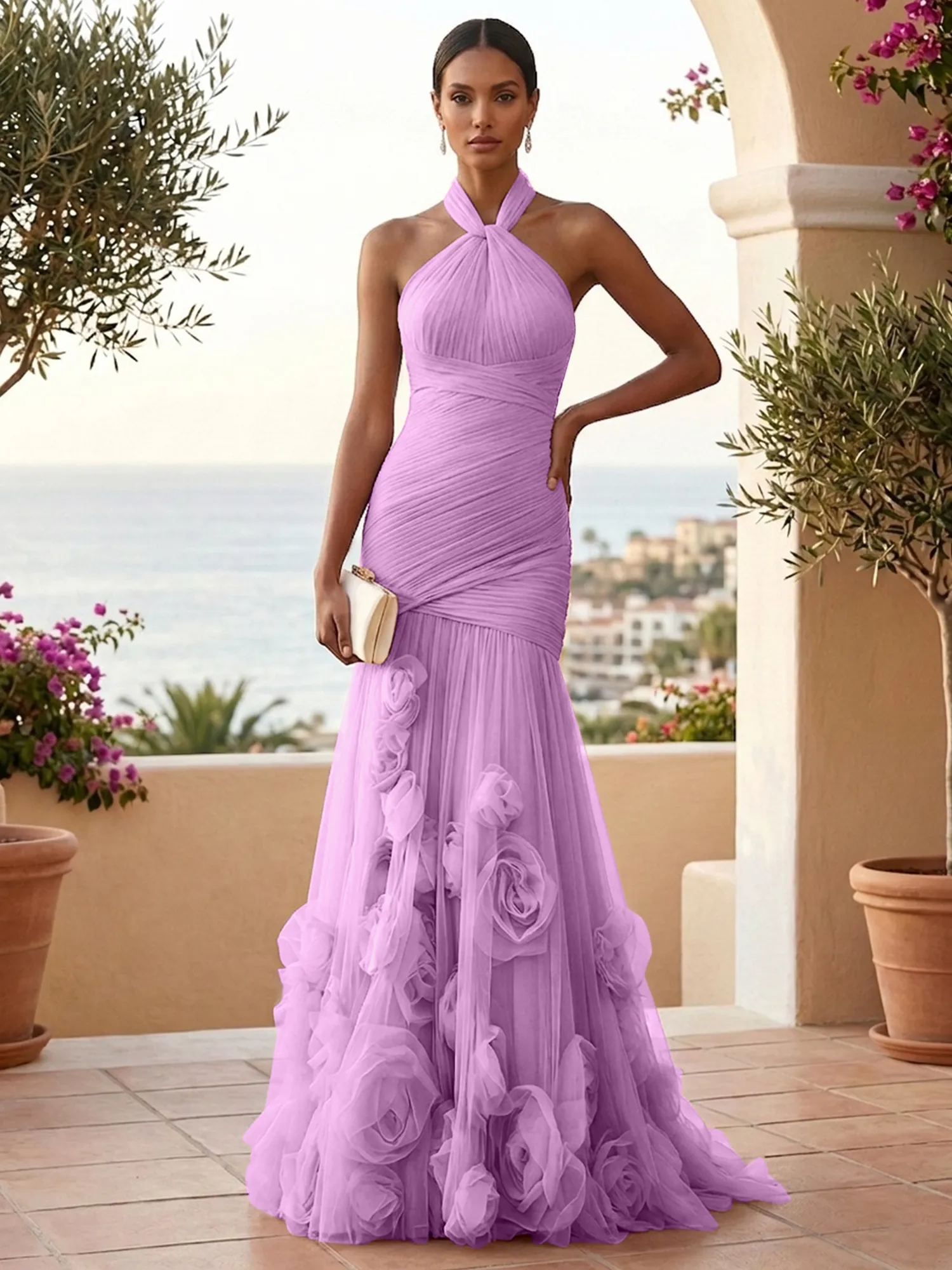 Halter Neck Ruched Tulle Mermaid Gown with 3D Floral Appliqués