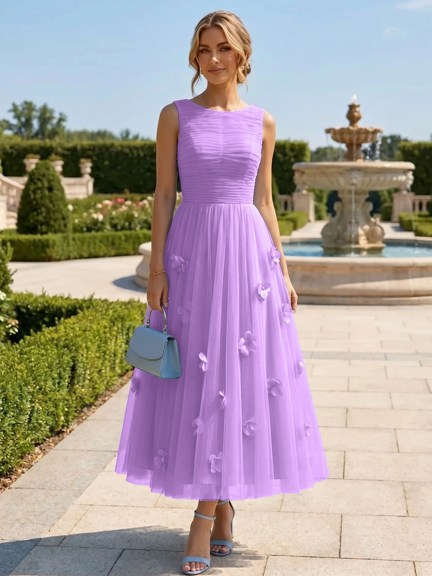 A Line Sleeveless Tulle Midi Dress with 3D Floral Appliqués