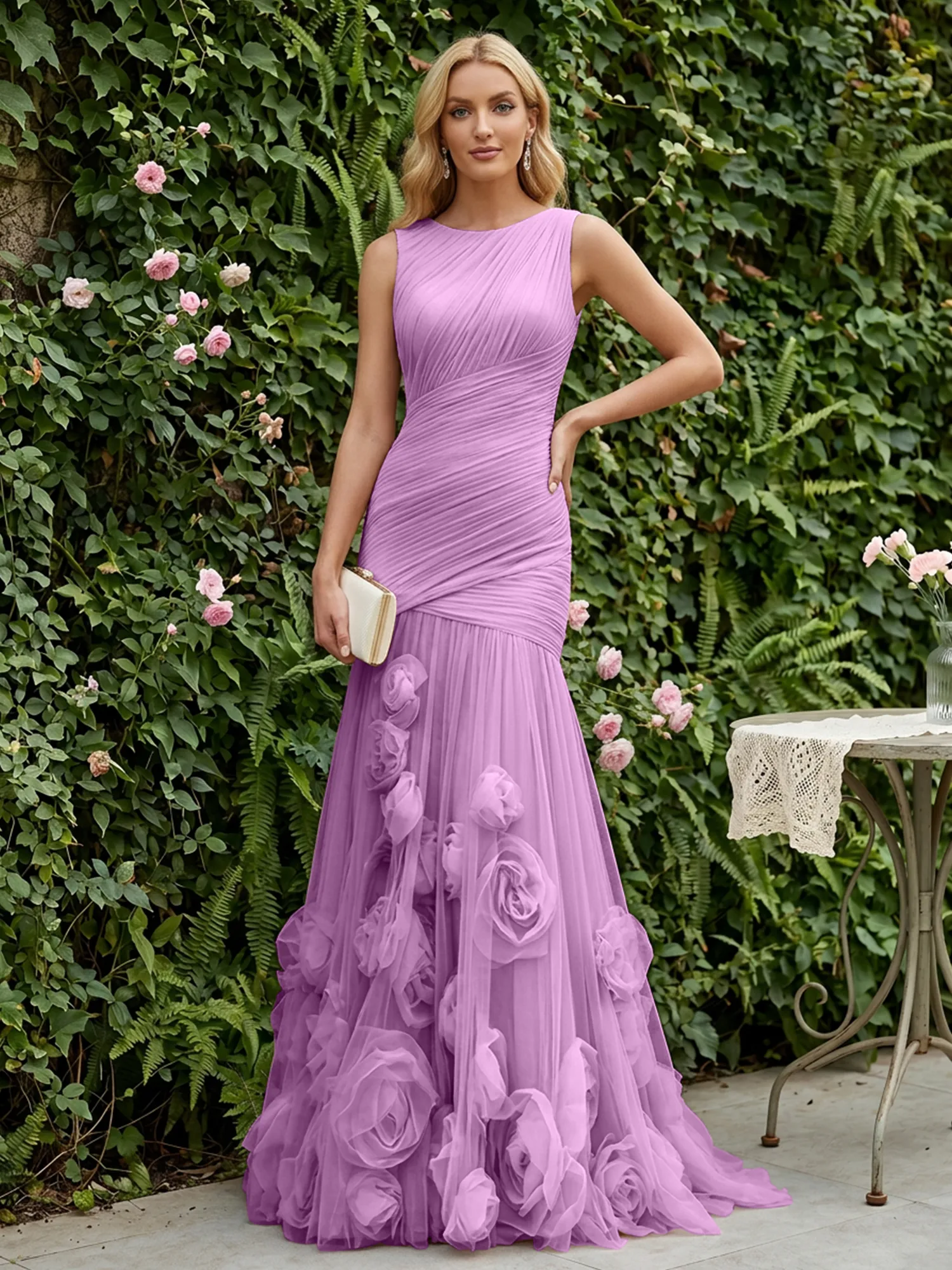 Round Neck Ruched Tulle Mermaid Gown with 3D Floral Appliqués