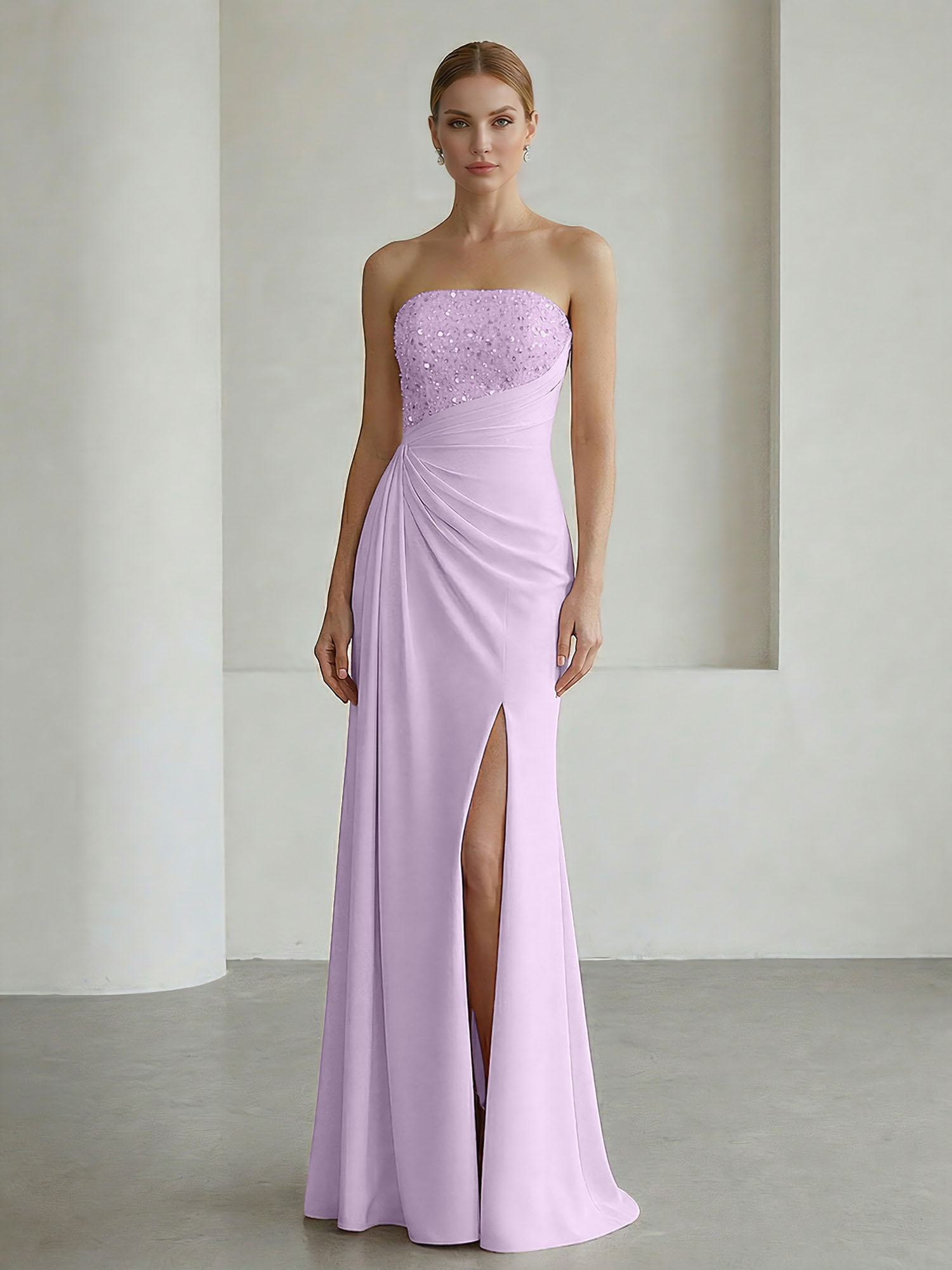 Glamorous Formal Evening Dress Soft Blush Beaded Strapless Slit Gown