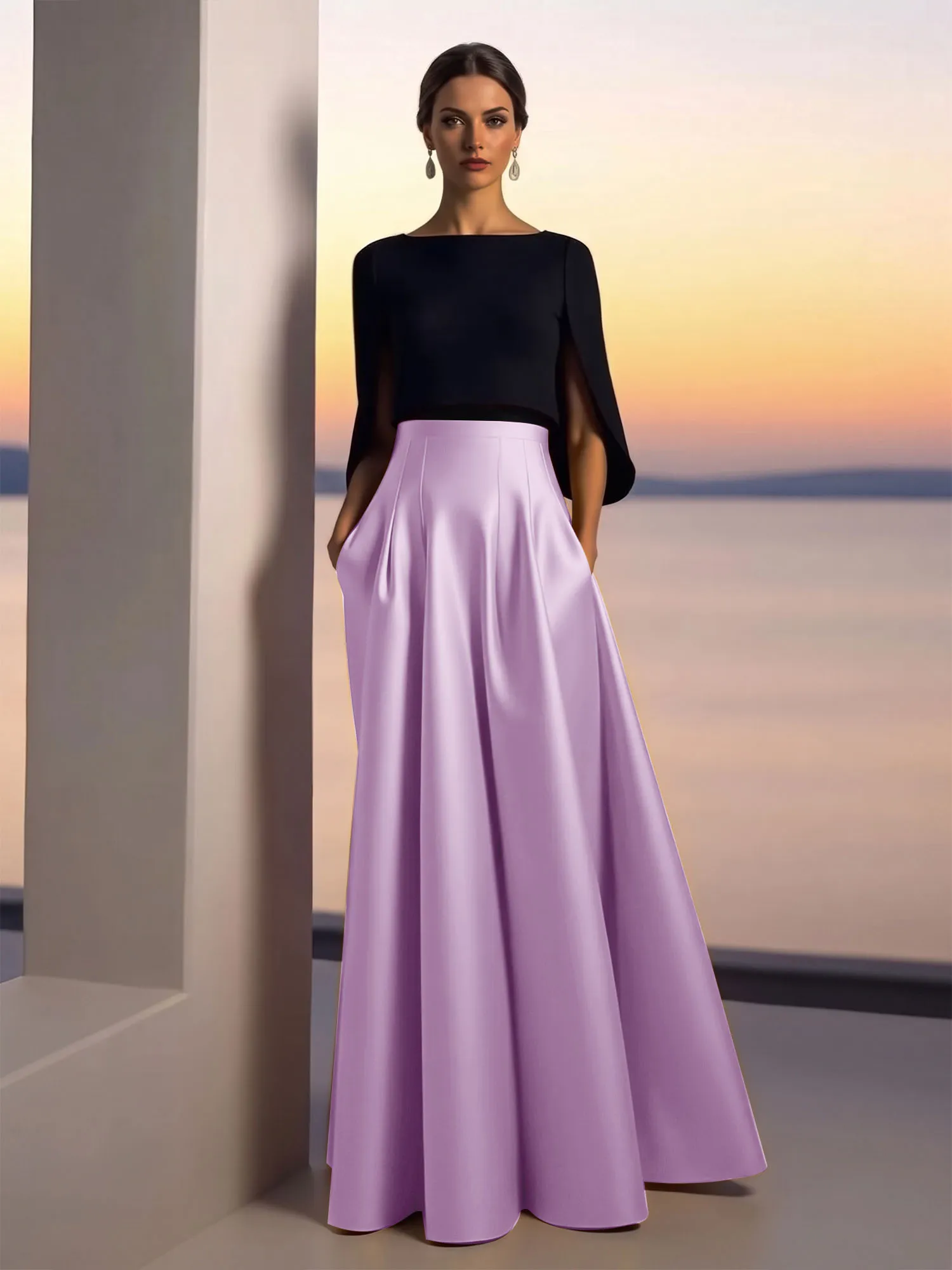 Two-Piece Cape Sleeve Satin Ball Gown Evening Dress